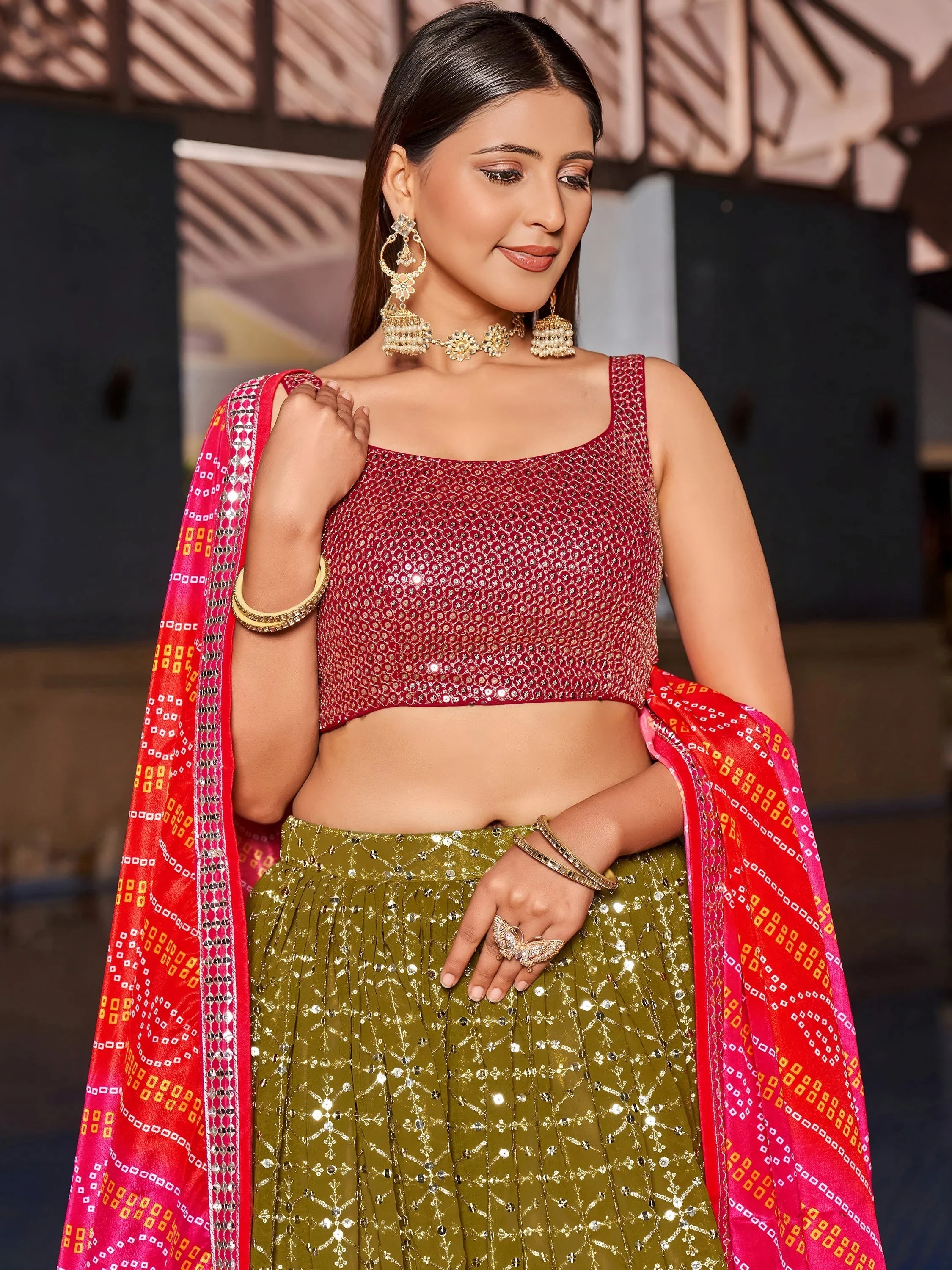 Olive Green Sequins Georgette Sangeet Lehenga Choli for Women