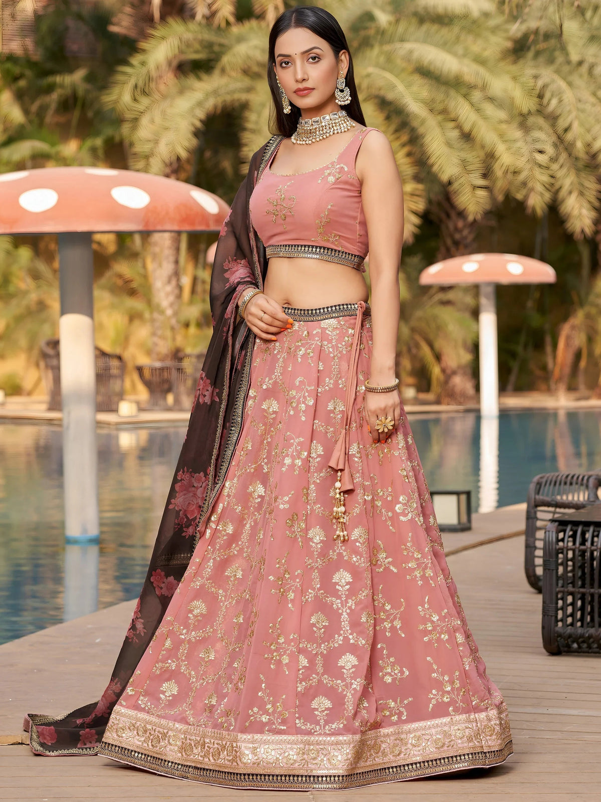 Pink Thread Work Georgette Function Lehenga Choli Indian Ethnic Wear