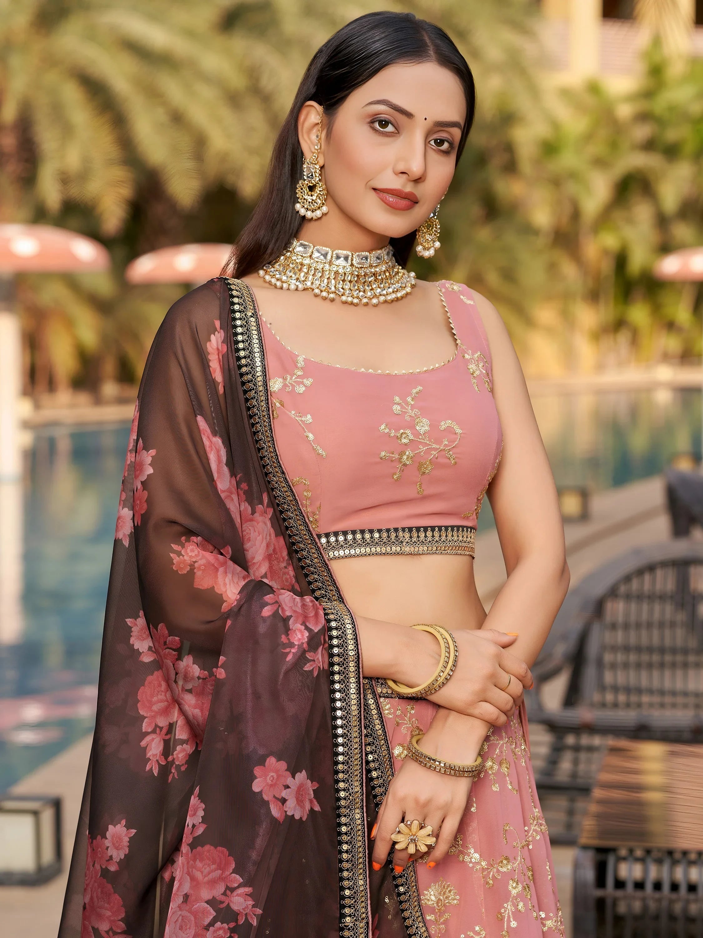 Pink Thread Work Georgette Function Lehenga Choli Indian Ethnic Wear