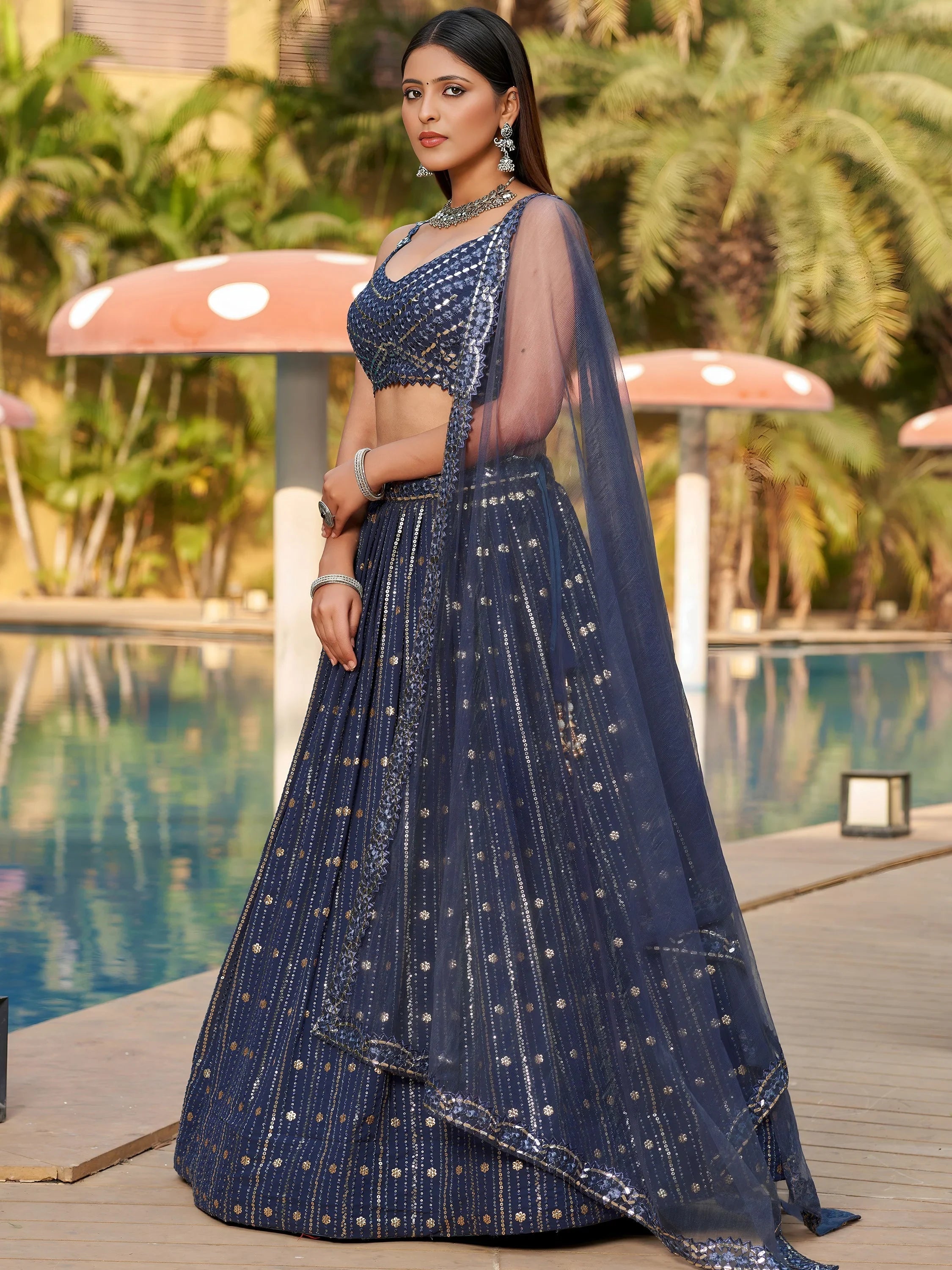 Grey Sequins Georgette Reception Lehenga Choli Festive Collection