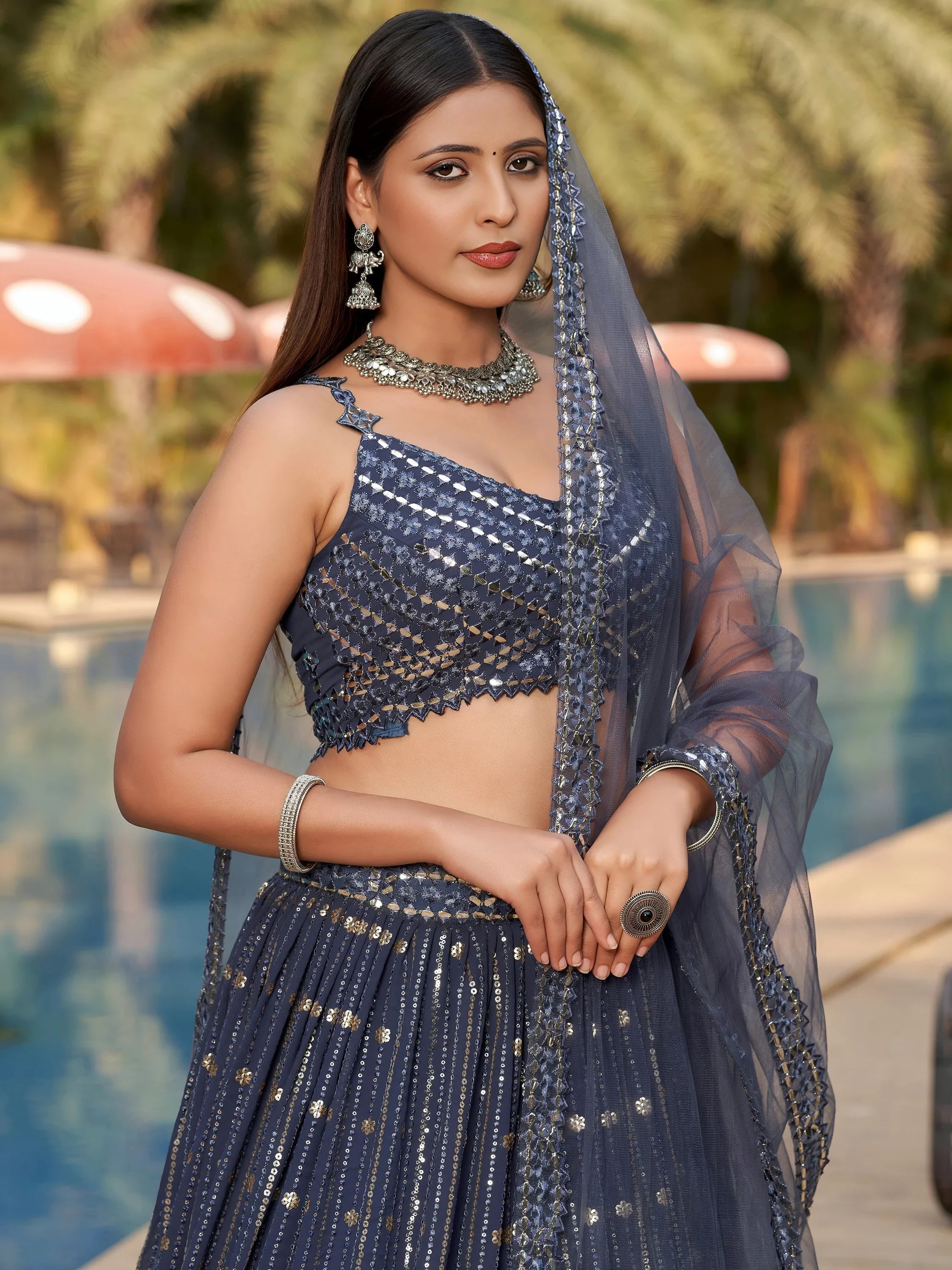 Grey Sequins Georgette Reception Lehenga Choli Festive Collection