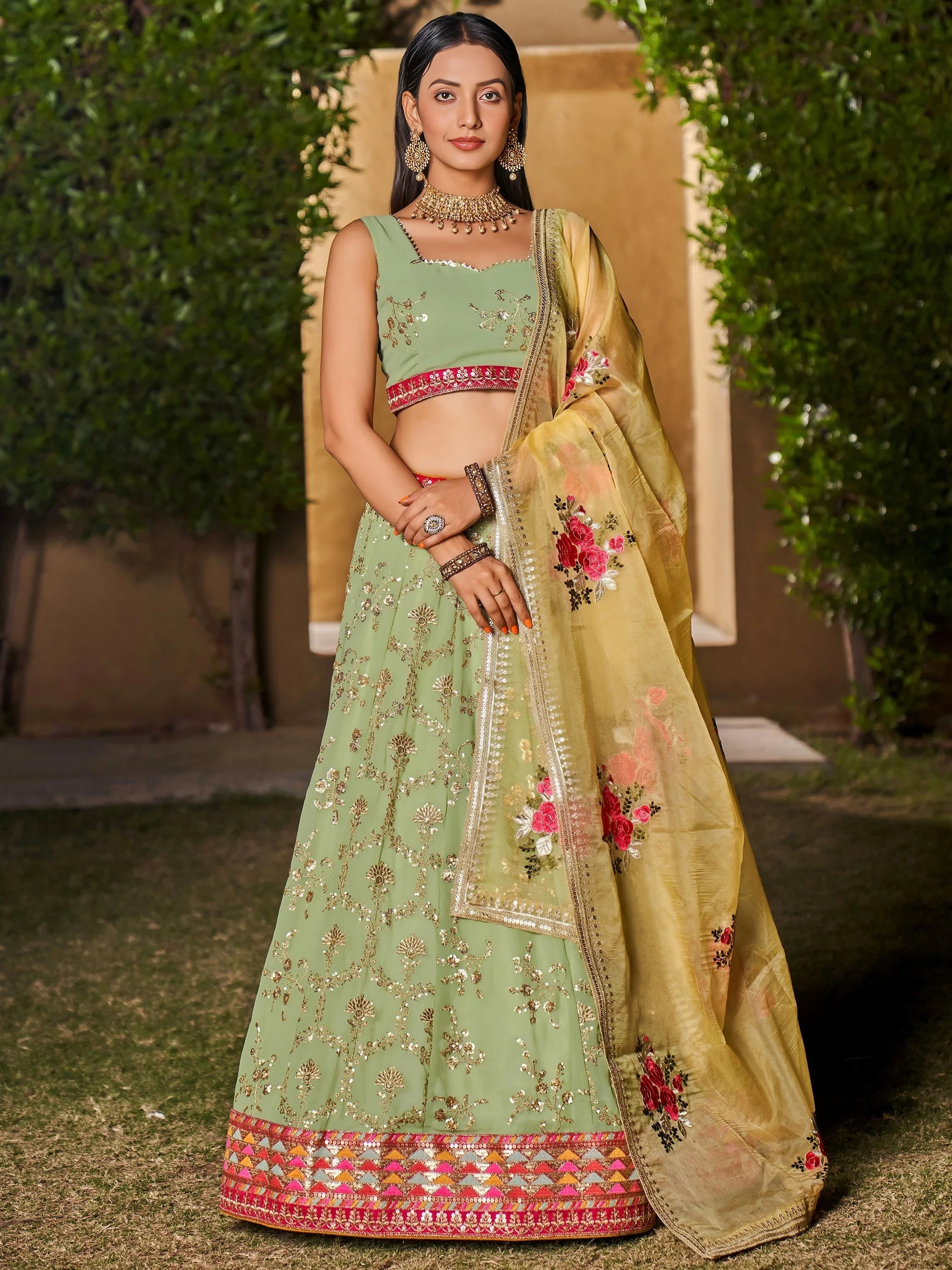Pista Green Sequins Georgette Event Wear Lehenga Choli with Dupatta