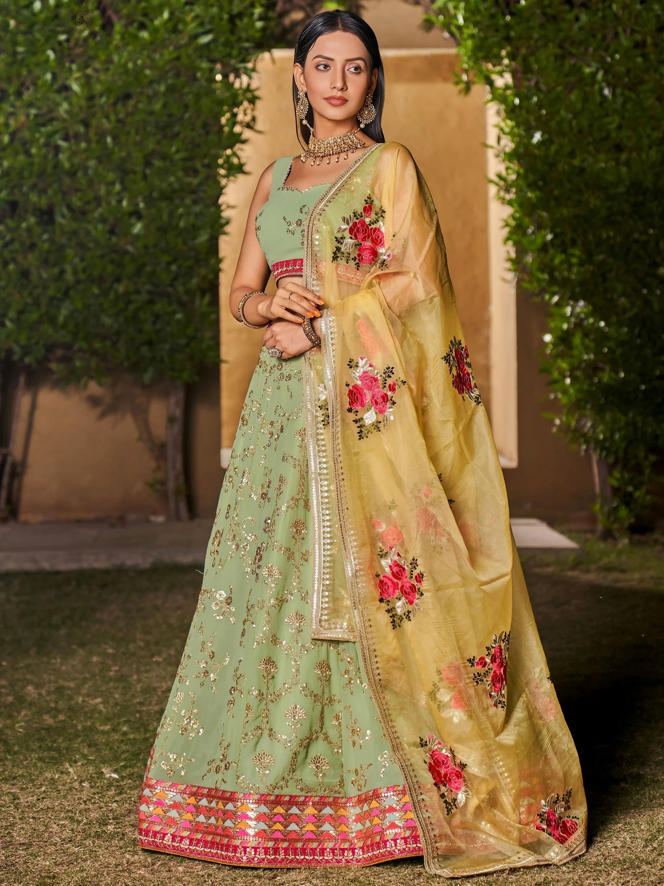 Pista Green Sequins Georgette Event Wear Lehenga Choli with Dupatta