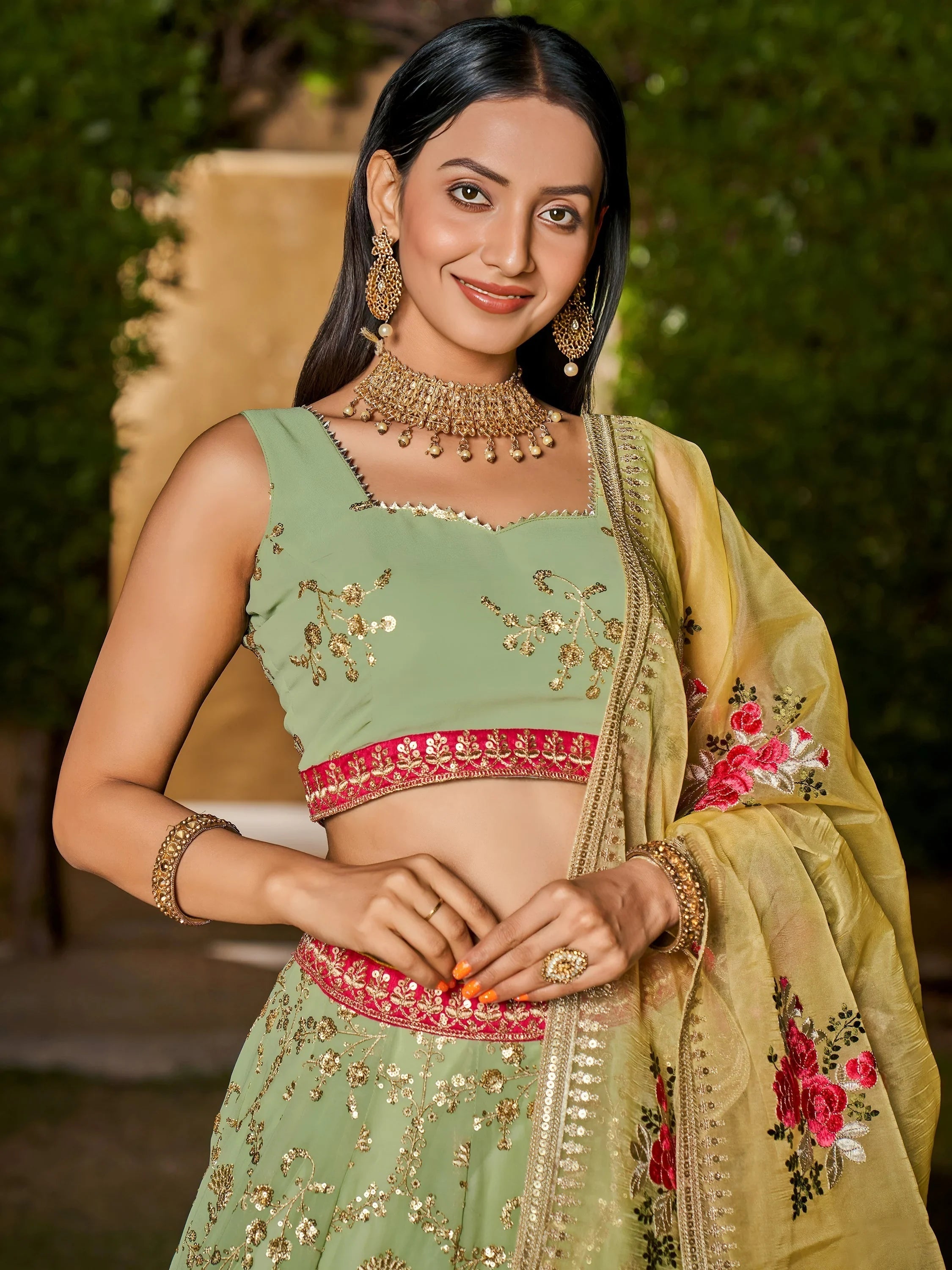 Pista Green Sequins Georgette Event Wear Lehenga Choli with Dupatta