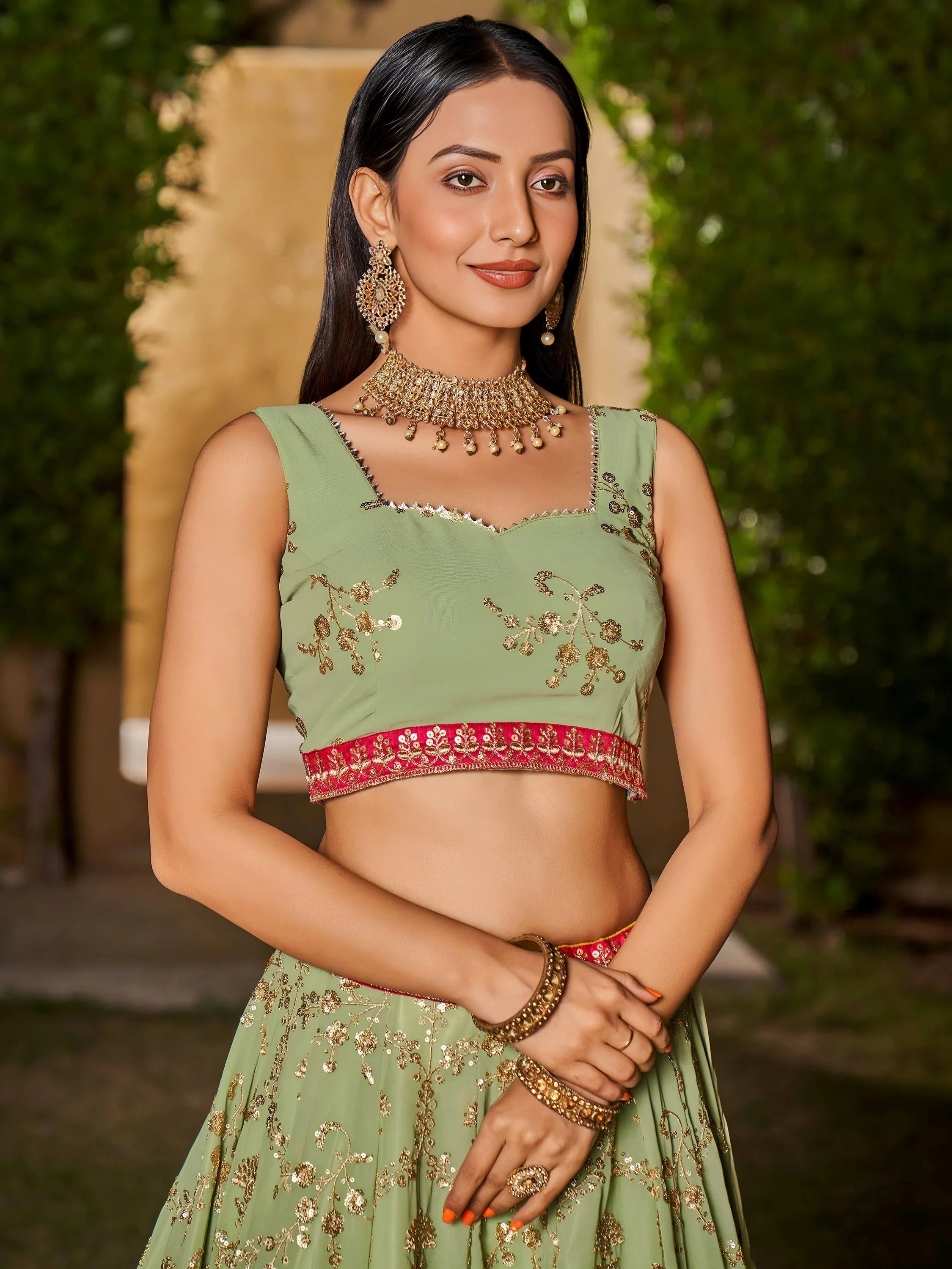 Pista Green Sequins Georgette Event Wear Lehenga Choli with Dupatta