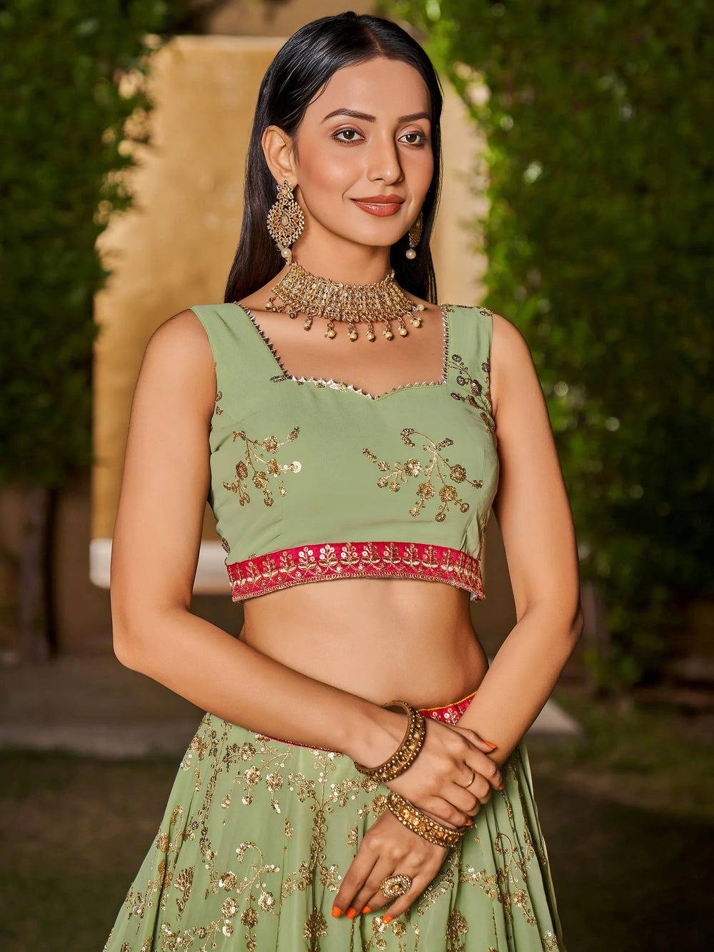 Pista Green Sequins Georgette Event Wear Lehenga Choli with Dupatta