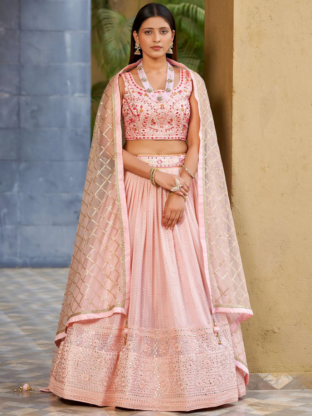 Pink Sequins Art Silk Bridesmaid Lehenga Choli with Dupatta for Women