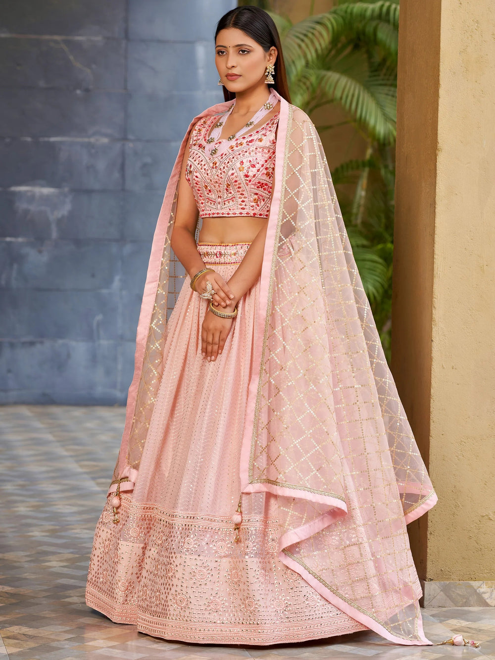Pink Sequins Art Silk Bridesmaid Lehenga Choli with Dupatta for Women