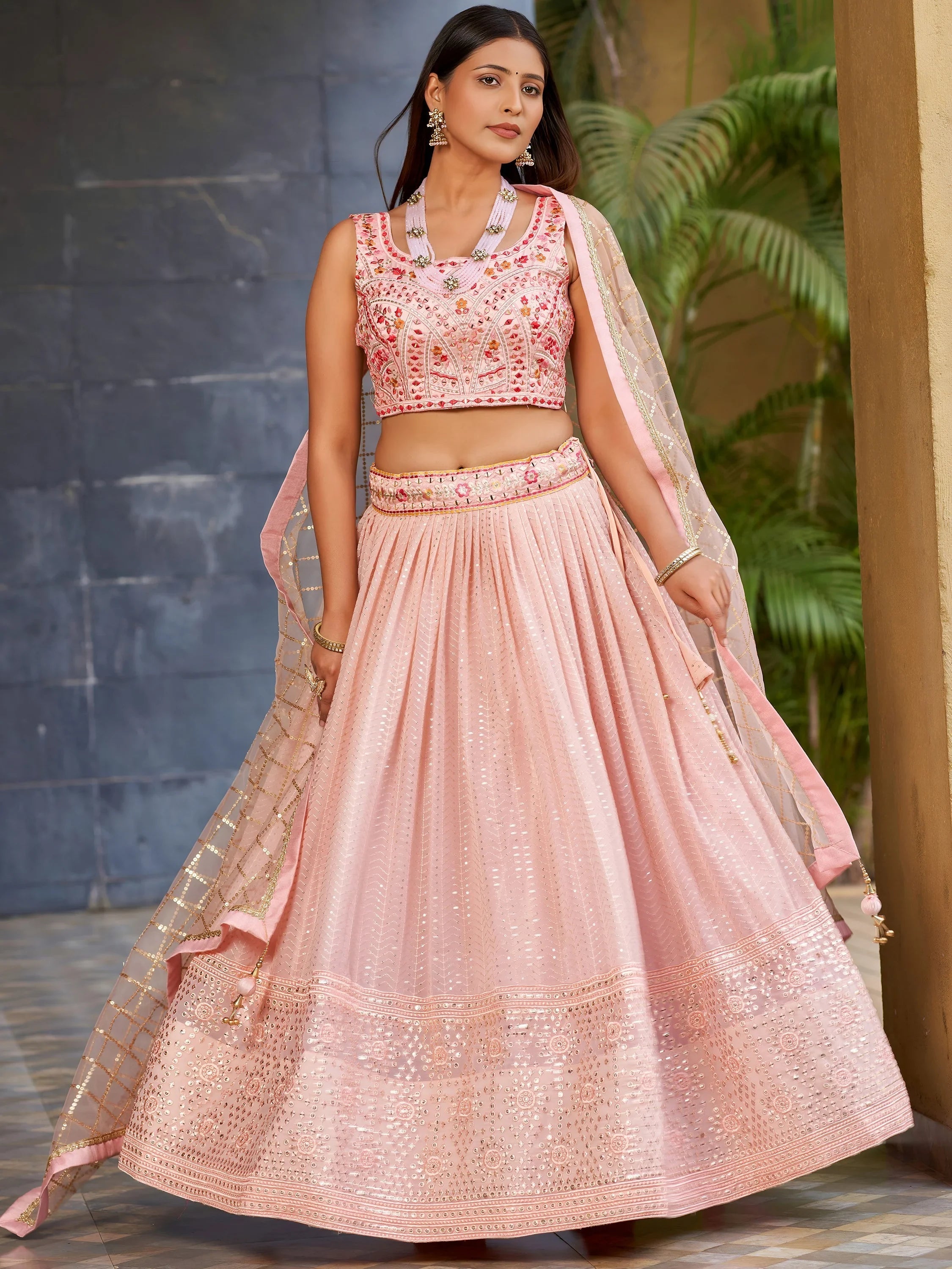 Pink Sequins Art Silk Bridesmaid Lehenga Choli with Dupatta for Women