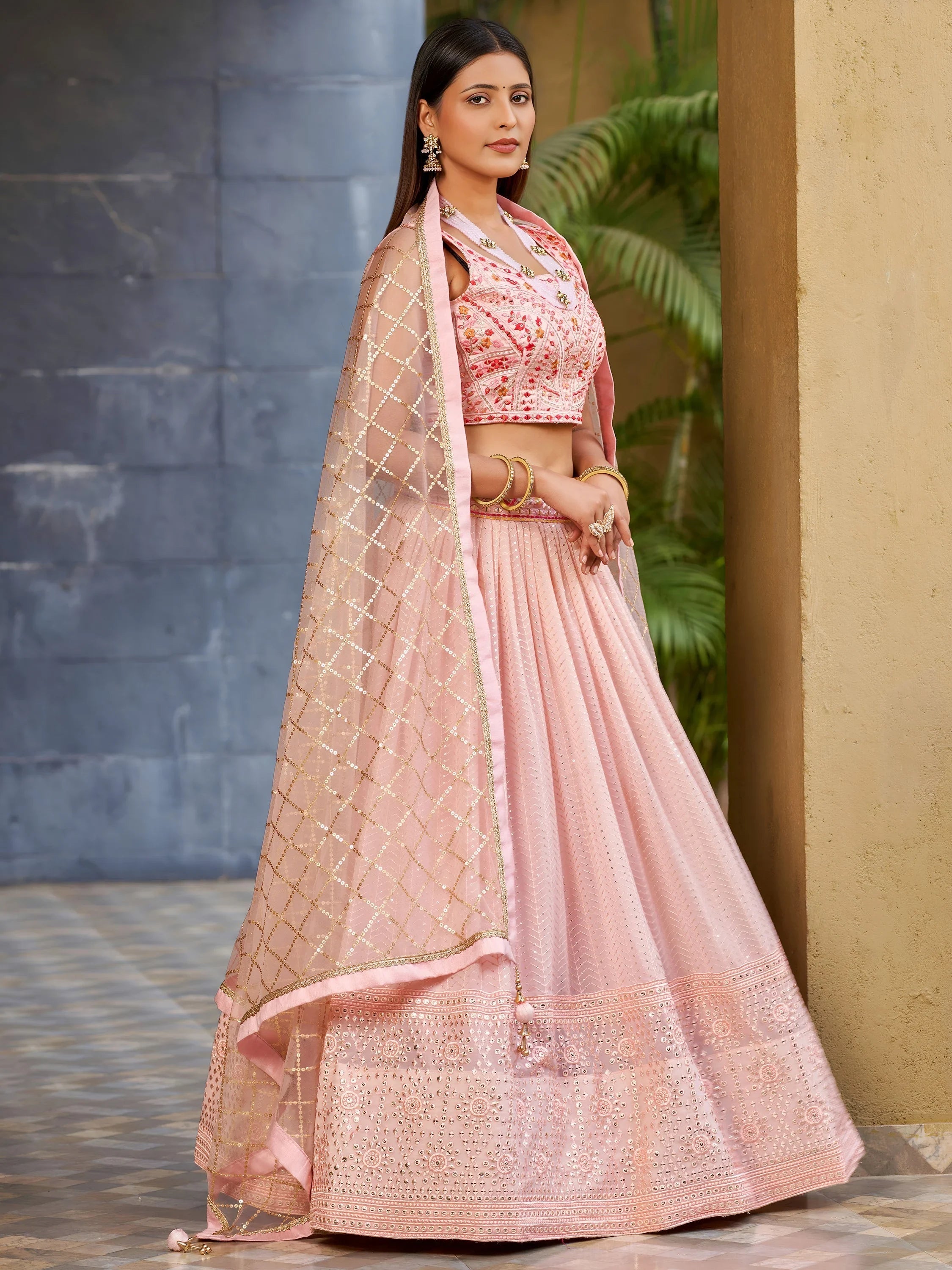 Pink Sequins Art Silk Bridesmaid Lehenga Choli with Dupatta for Women