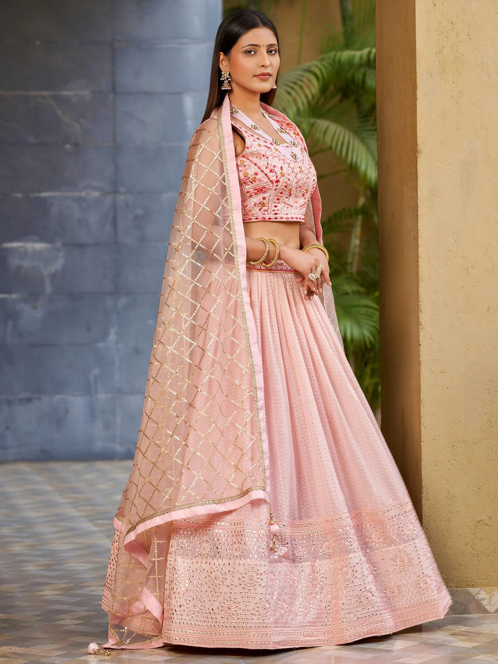 Pink Sequins Art Silk Bridesmaid Lehenga Choli with Dupatta for Women