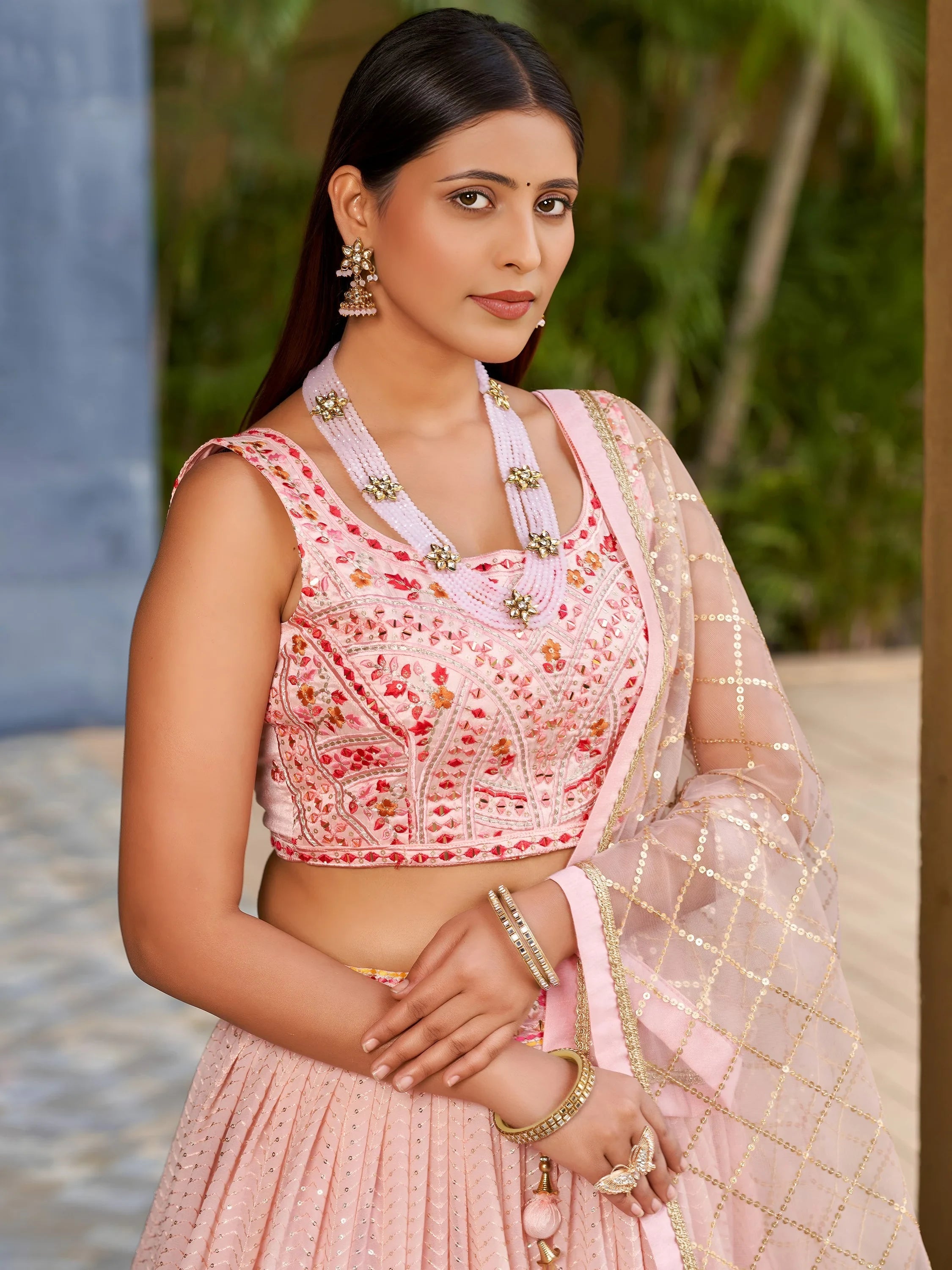 Pink Sequins Art Silk Bridesmaid Lehenga Choli with Dupatta for Women