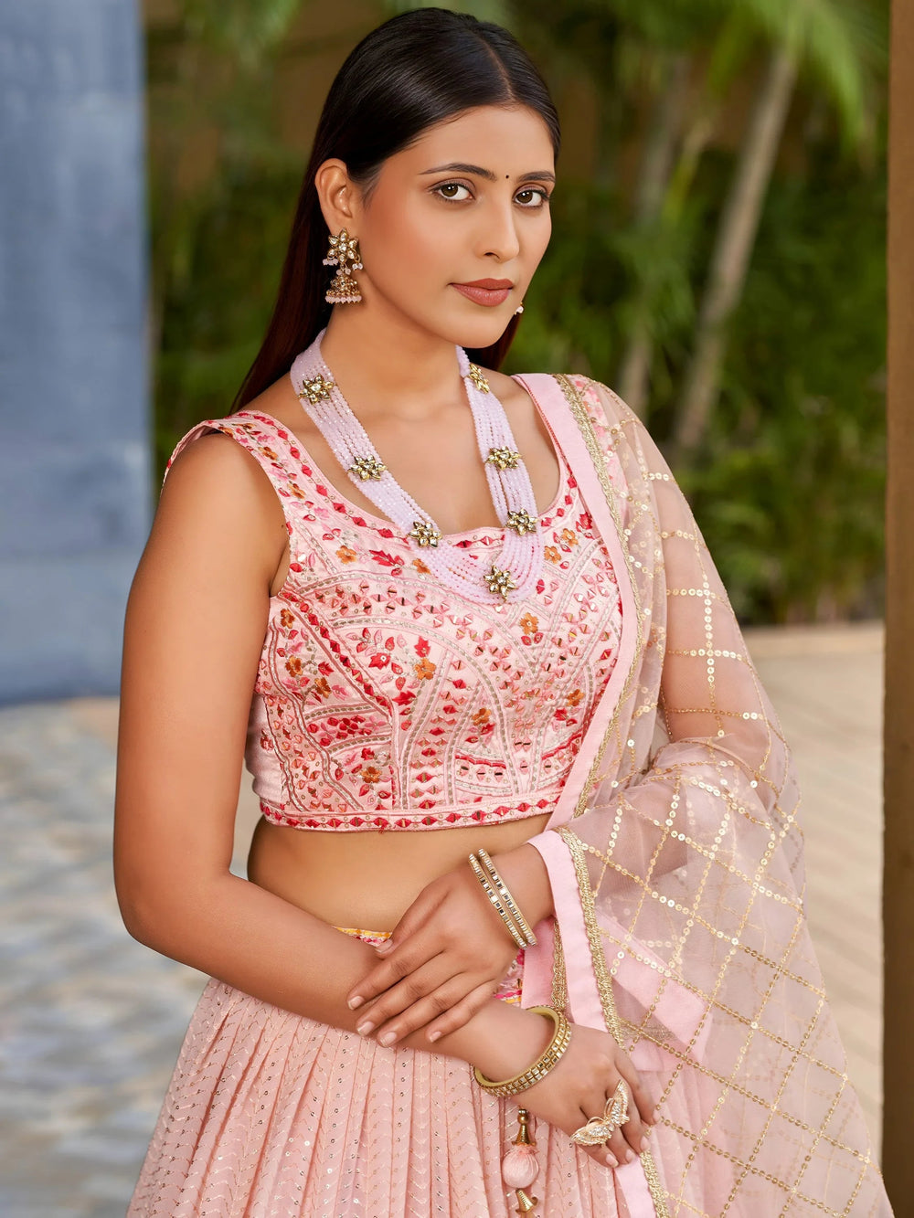 Pink Sequins Art Silk Bridesmaid Lehenga Choli with Dupatta for Women