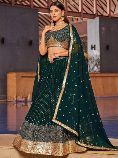 Green Sequins Georgette Reception Lehenga Choli Festive Collection