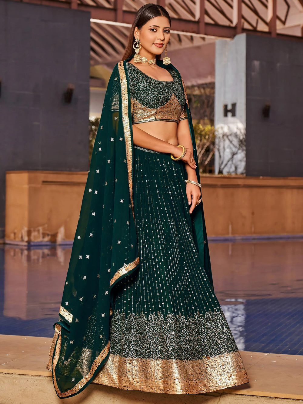 Green Sequins Georgette Reception Lehenga Choli Festive Collection