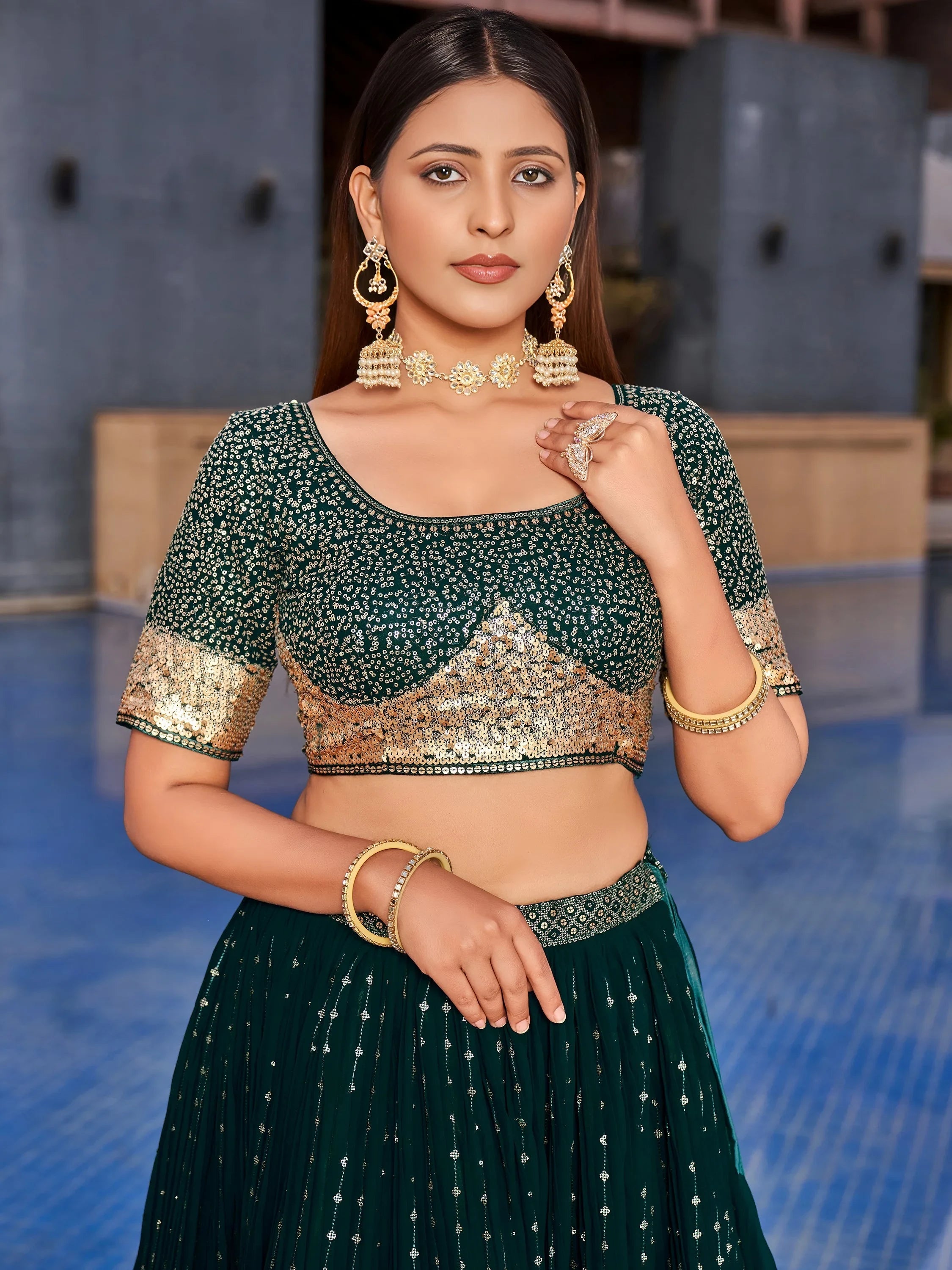 Green Sequins Georgette Reception Lehenga Choli Festive Collection