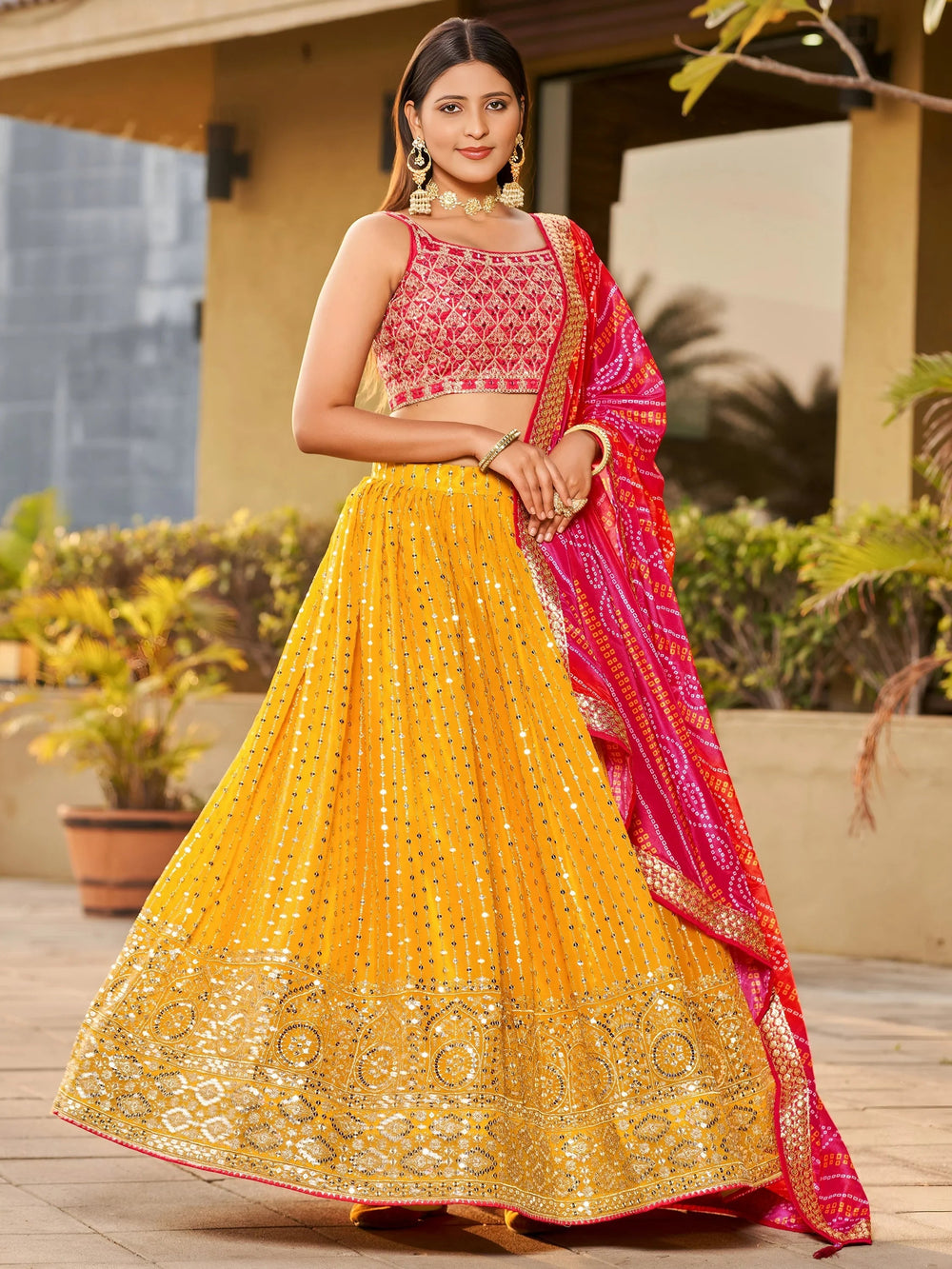 Yellow Sequins Georgette Wedding Lehenga Choli Ethnic Collection