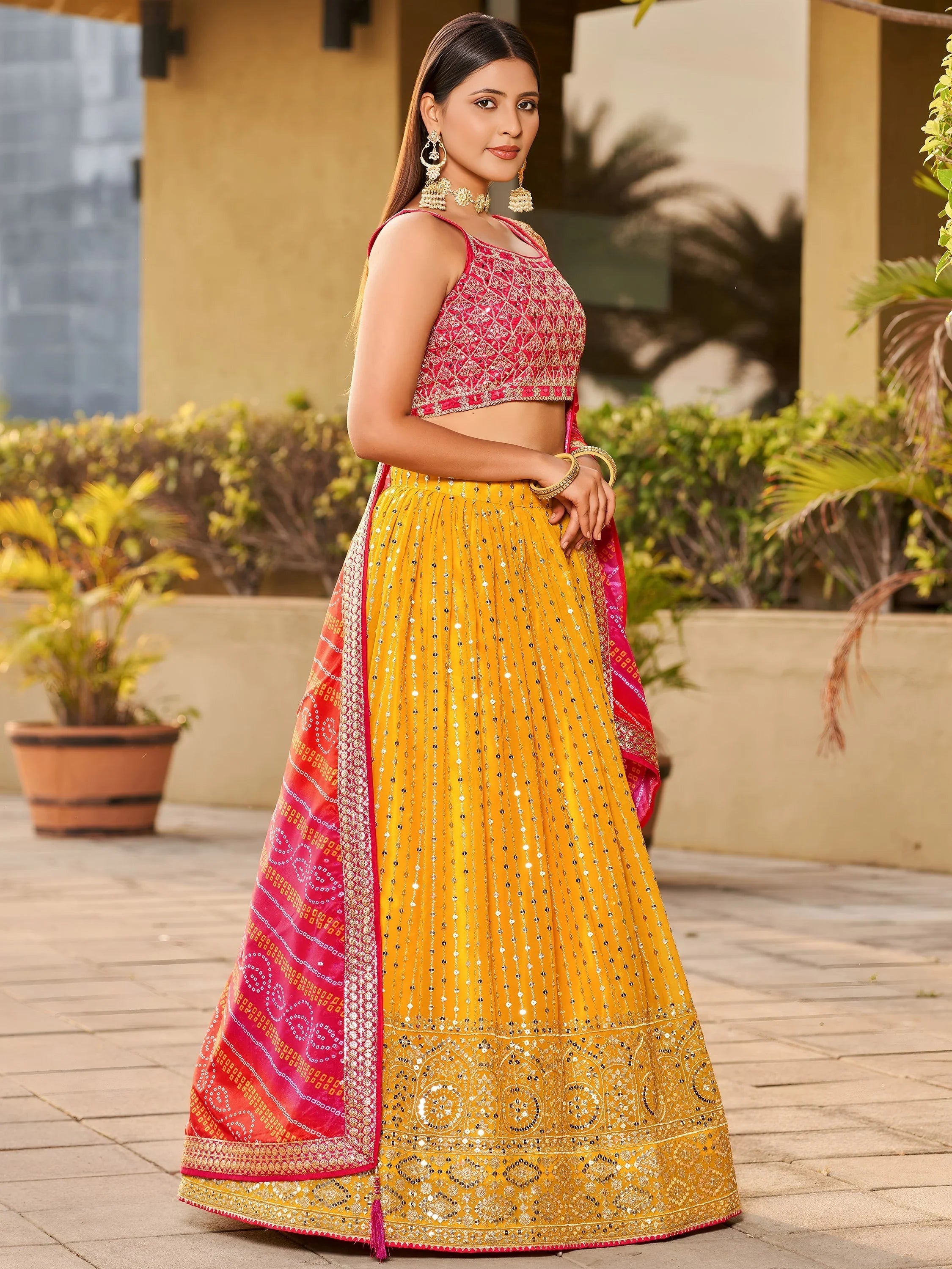 Yellow Sequins Georgette Wedding Lehenga Choli Ethnic Collection