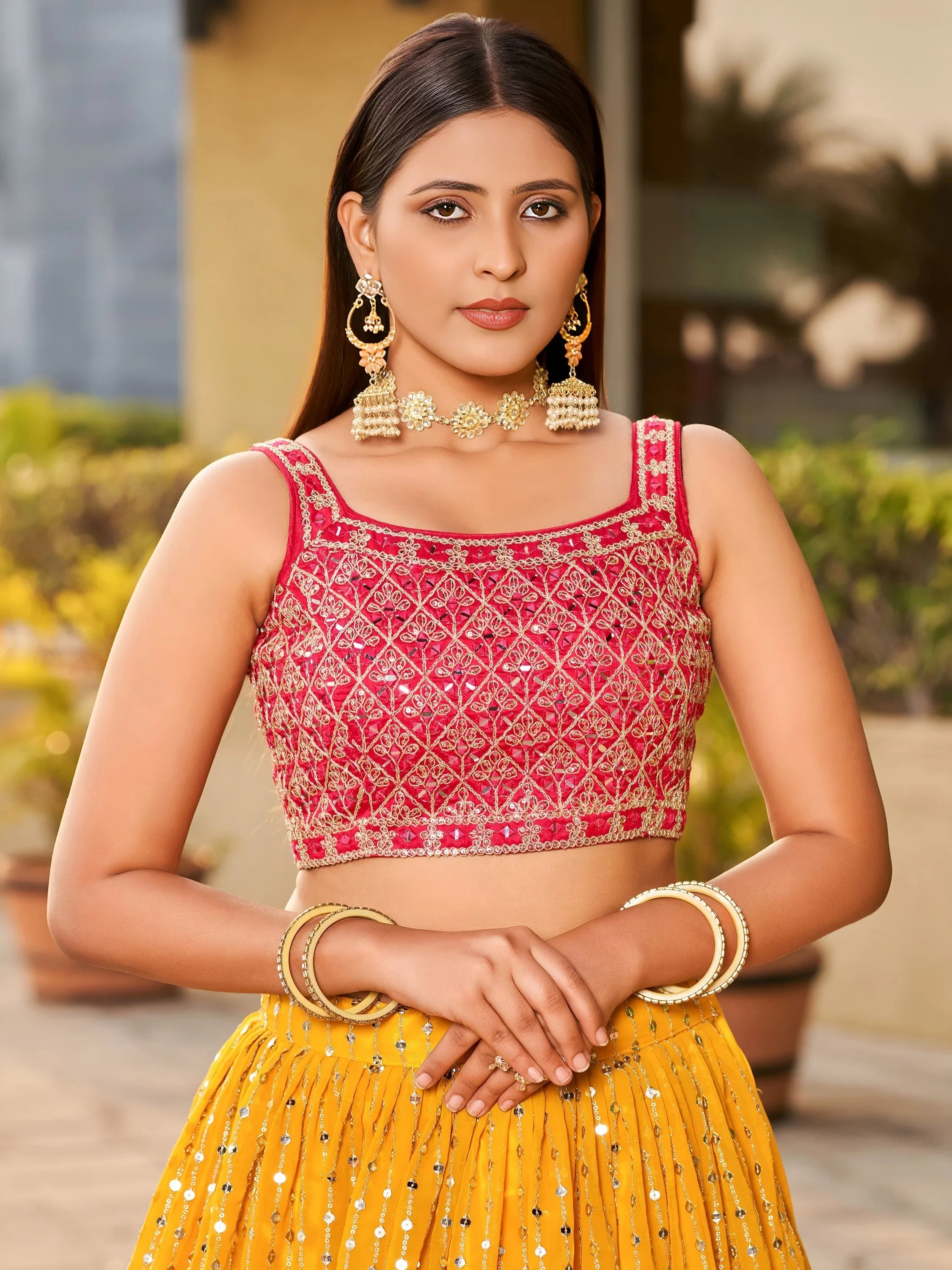 Yellow Sequins Georgette Wedding Lehenga Choli Ethnic Collection