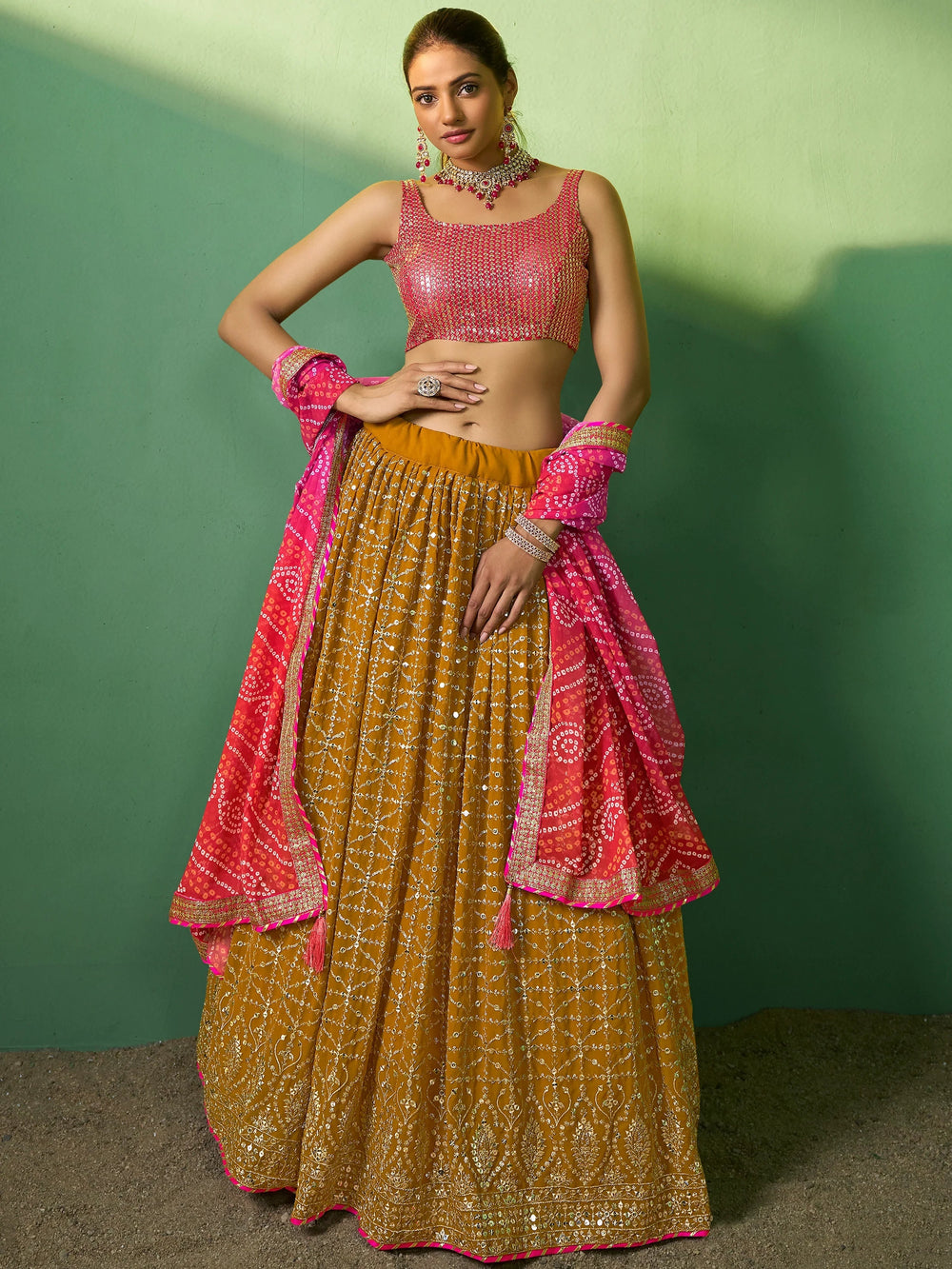 Mustard Sequins Georgette Haldi Wear Lehenga Choli for Women