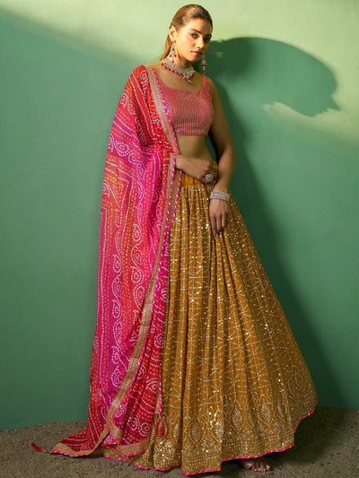 Mustard Sequins Georgette Haldi Wear Lehenga Choli for Women