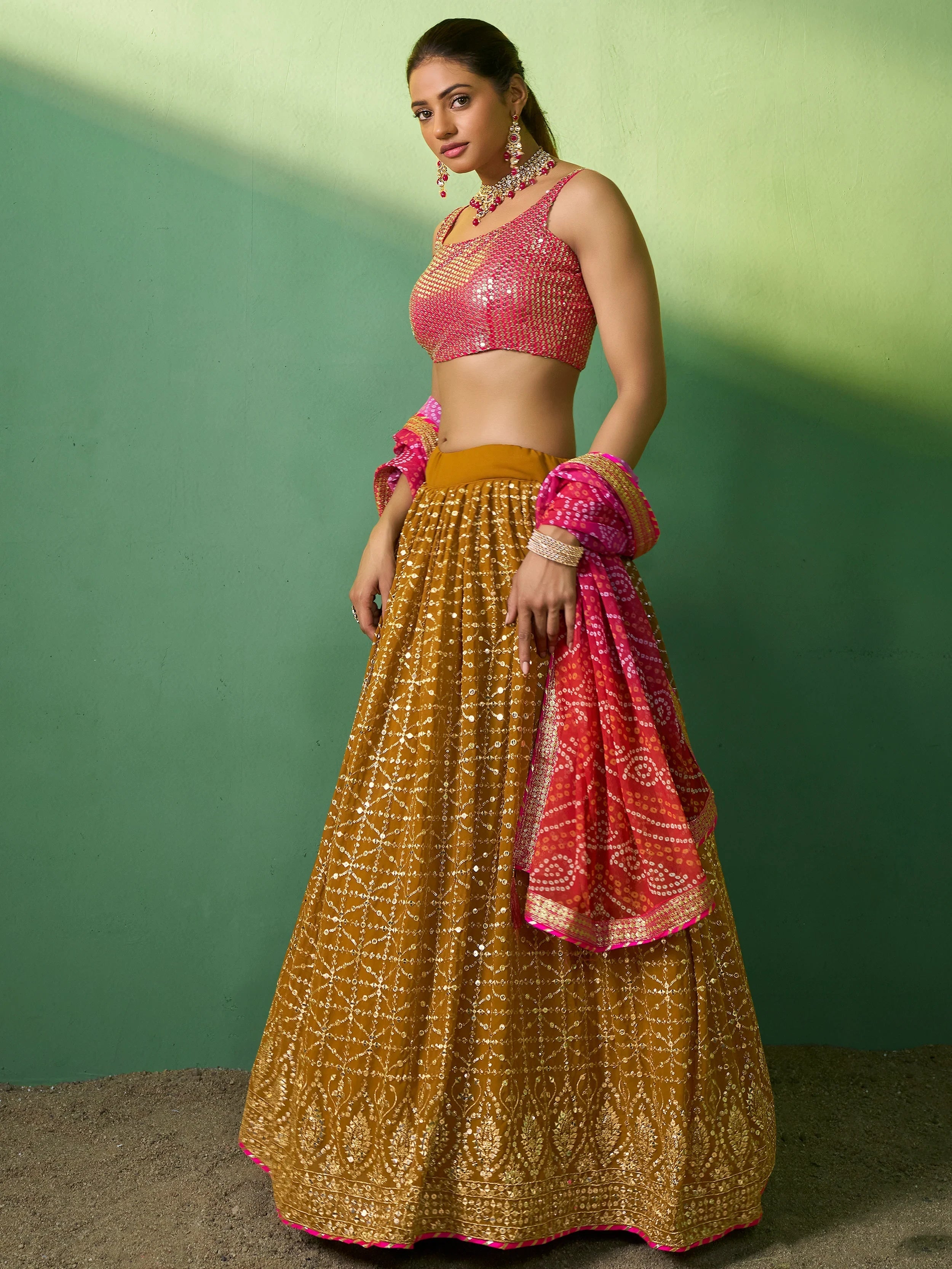 Mustard Sequins Georgette Haldi Wear Lehenga Choli for Women
