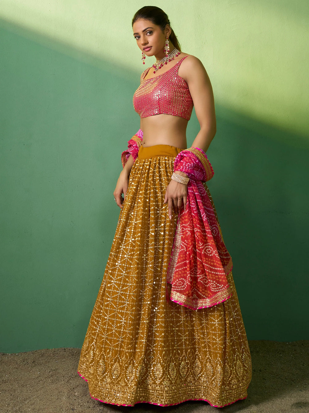 Mustard Sequins Georgette Haldi Wear Lehenga Choli for Women