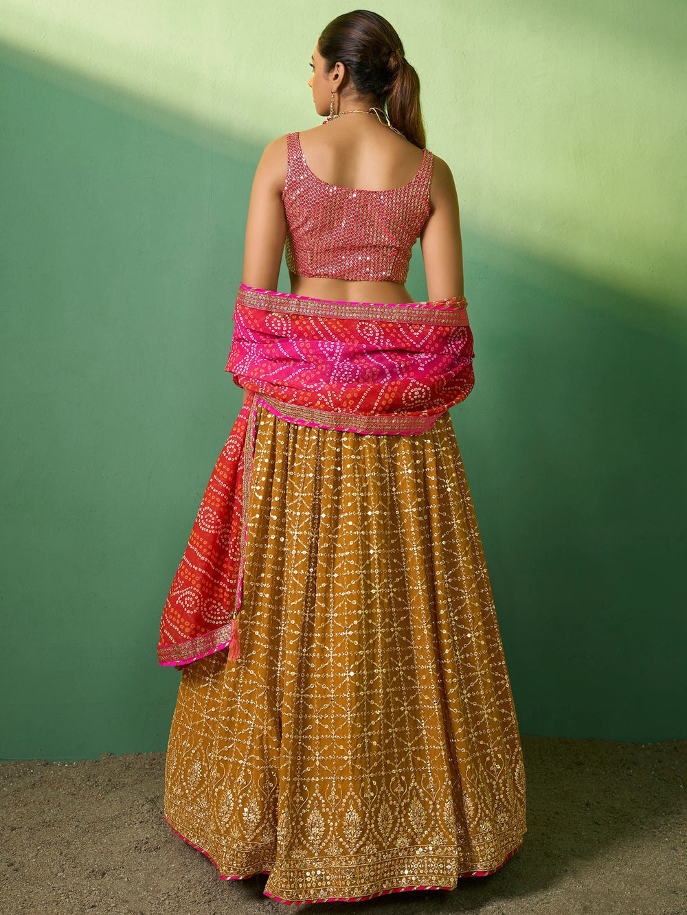 Mustard Sequins Georgette Haldi Wear Lehenga Choli for Women