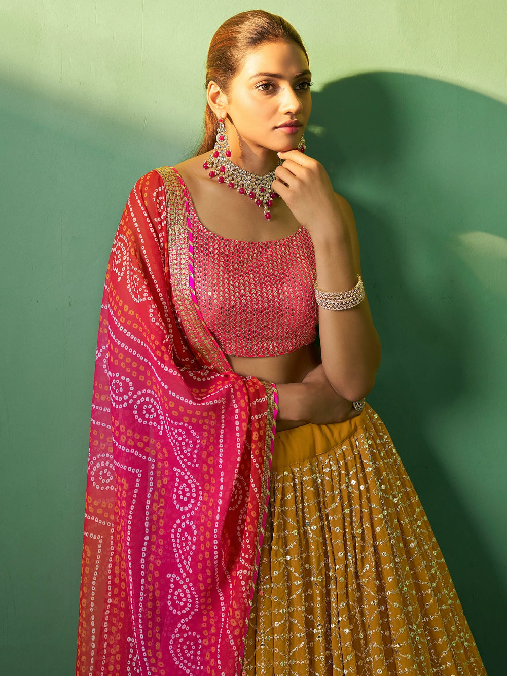 Mustard Sequins Georgette Haldi Wear Lehenga Choli for Women