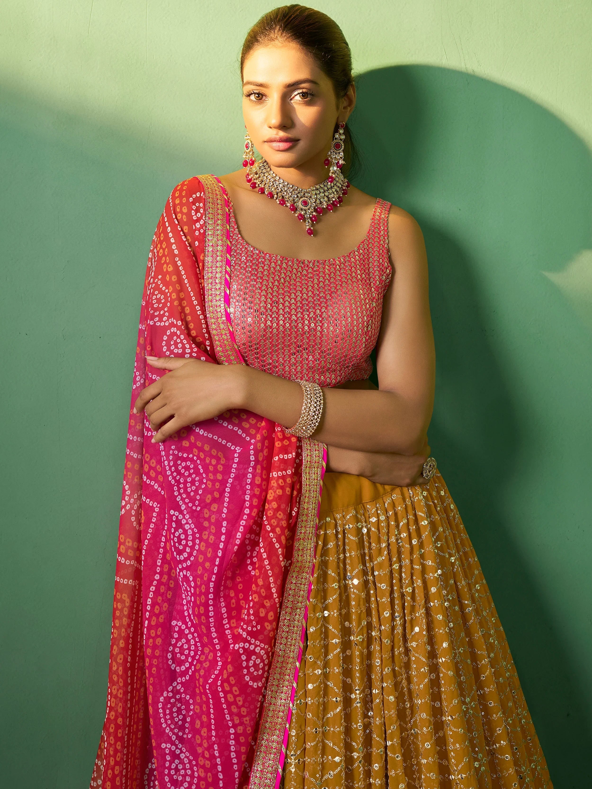 Mustard Sequins Georgette Haldi Wear Lehenga Choli for Women