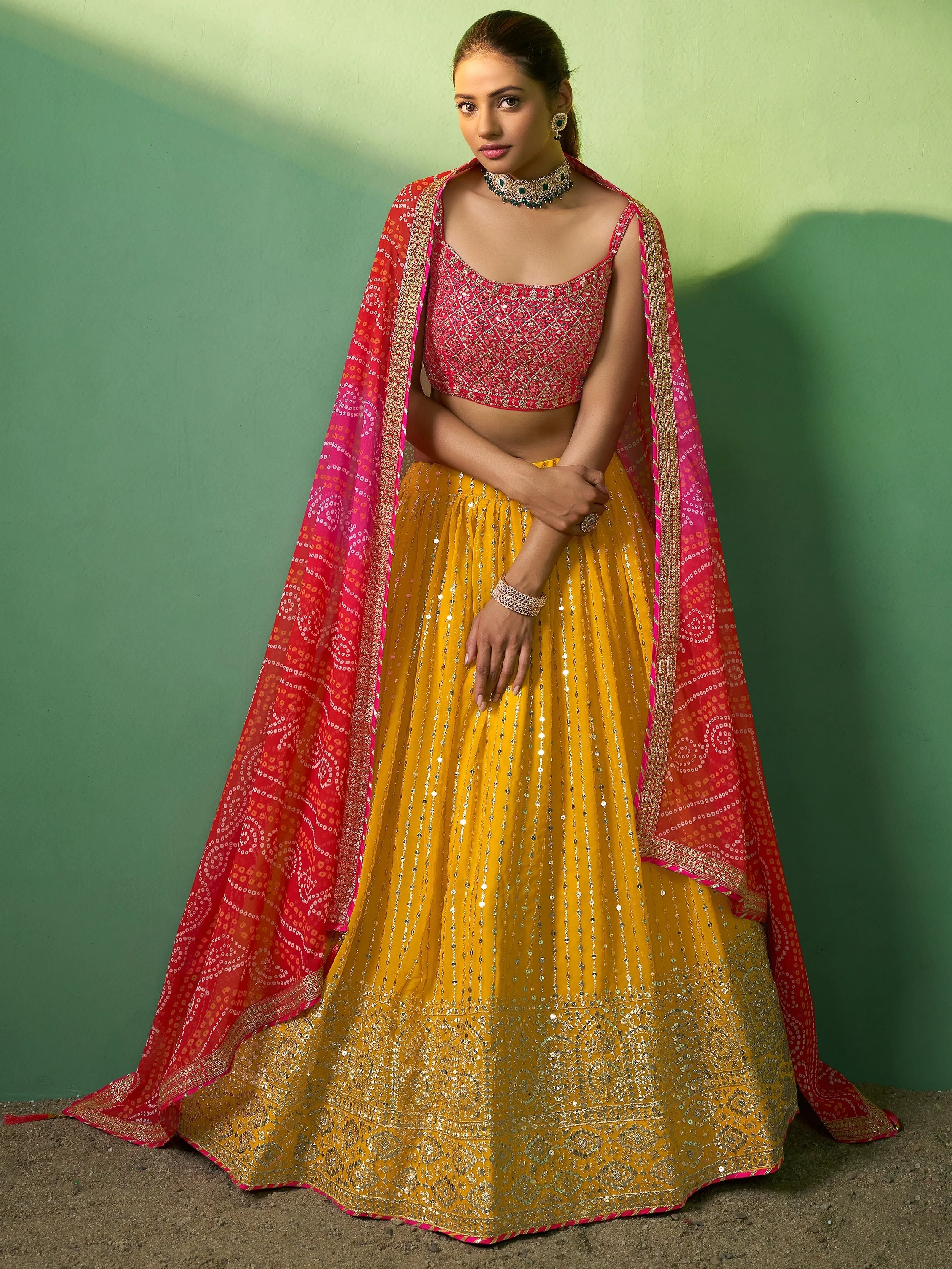 Yellow Sequins Georgette Haldi Lehenga Choli with Dupatta for Women