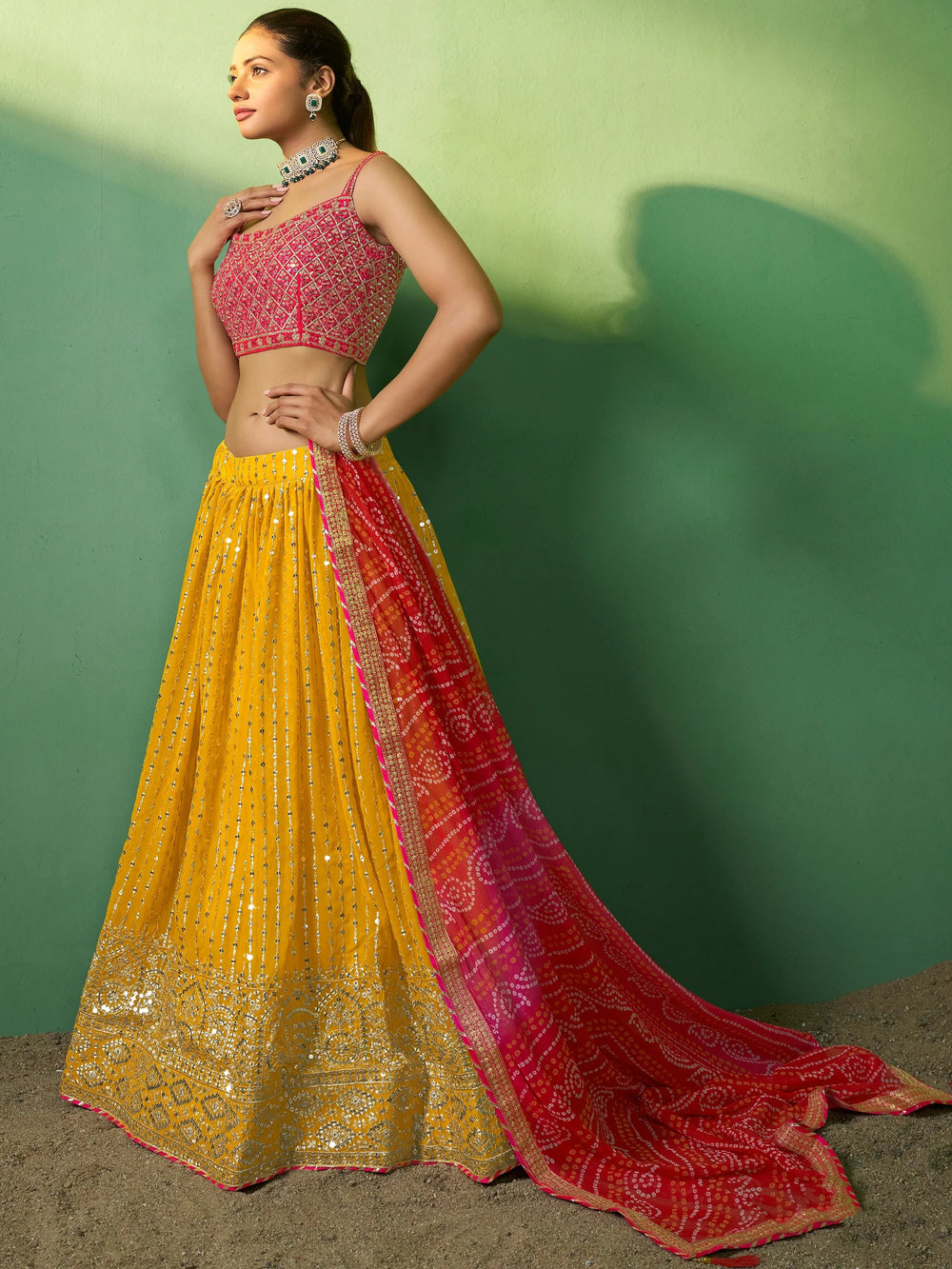 Yellow Sequins Georgette Haldi Lehenga Choli with Dupatta for Women