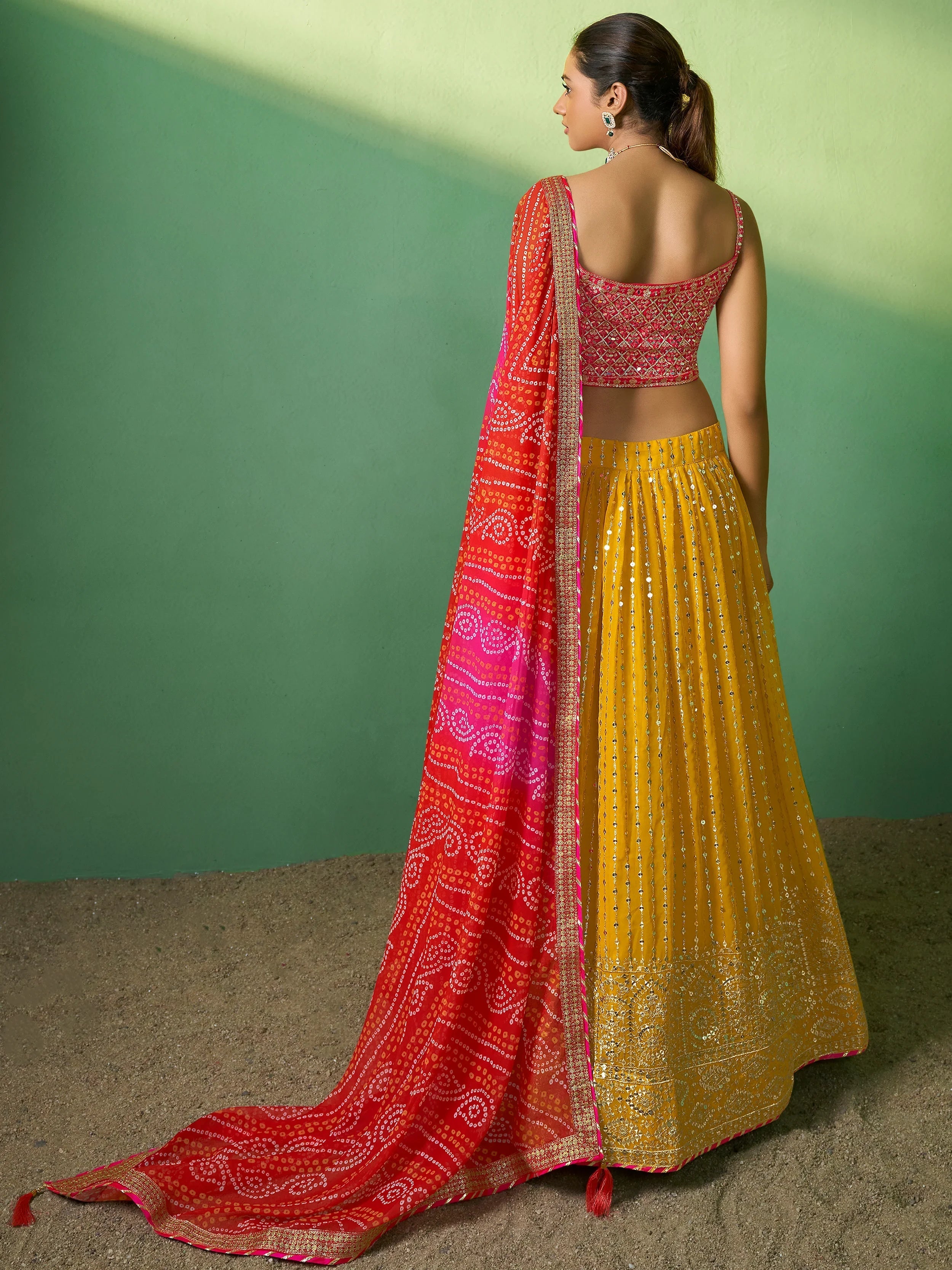 Yellow Sequins Georgette Haldi Lehenga Choli with Dupatta for Women