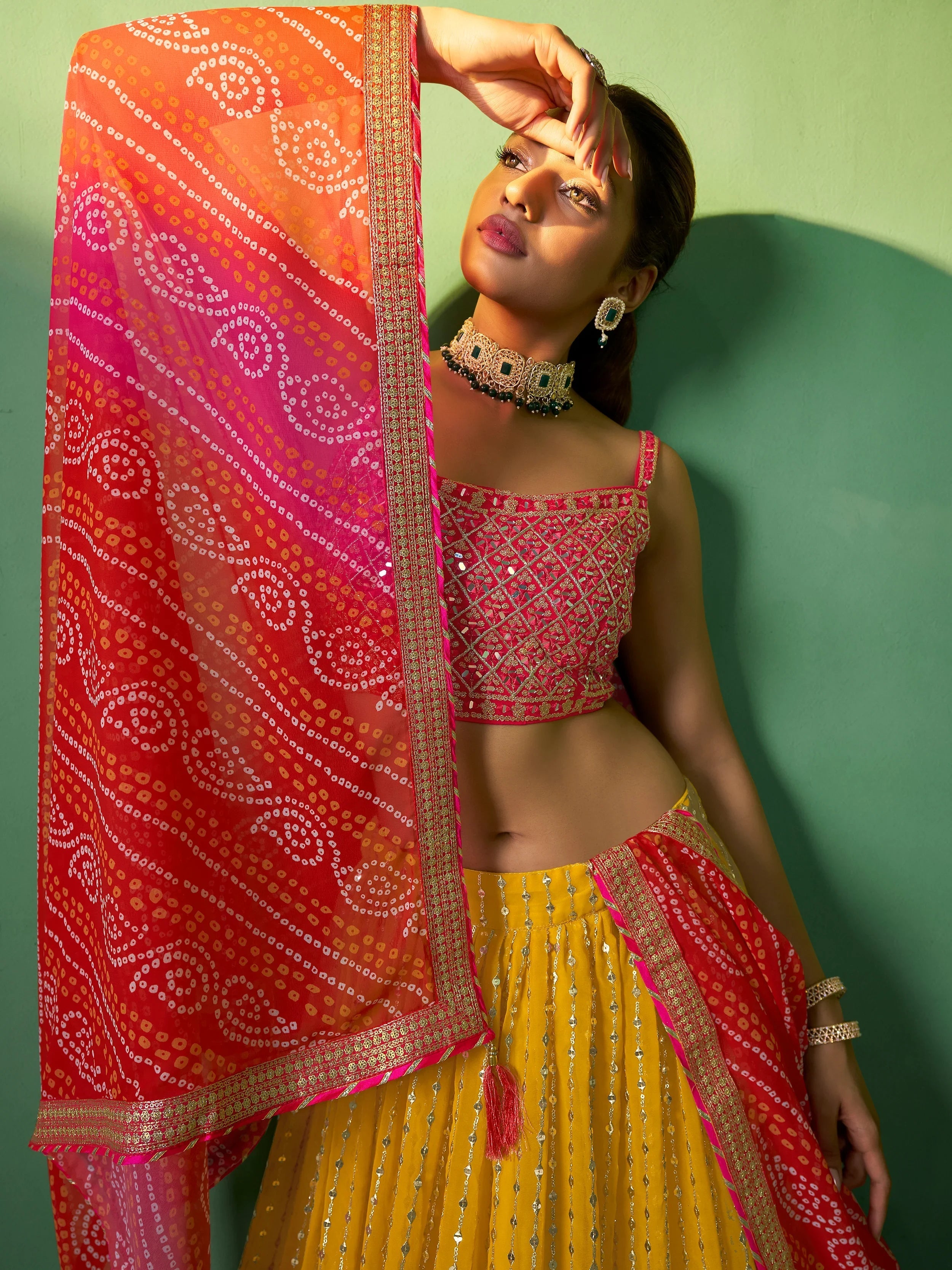 Yellow Sequins Georgette Haldi Lehenga Choli with Dupatta for Women