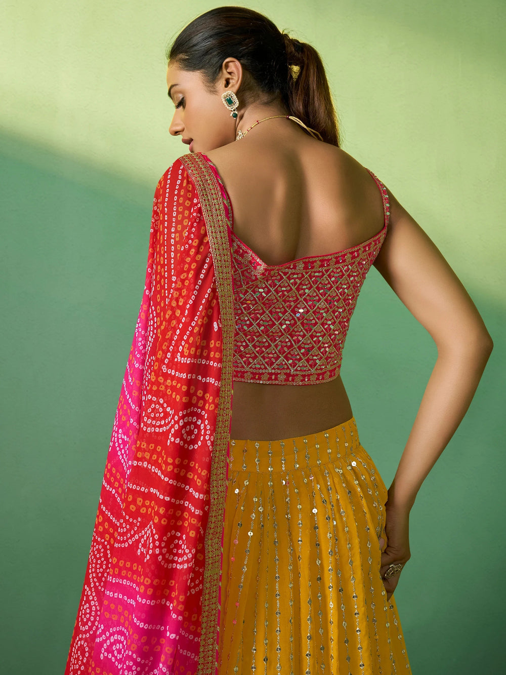 Yellow Sequins Georgette Haldi Lehenga Choli with Dupatta for Women