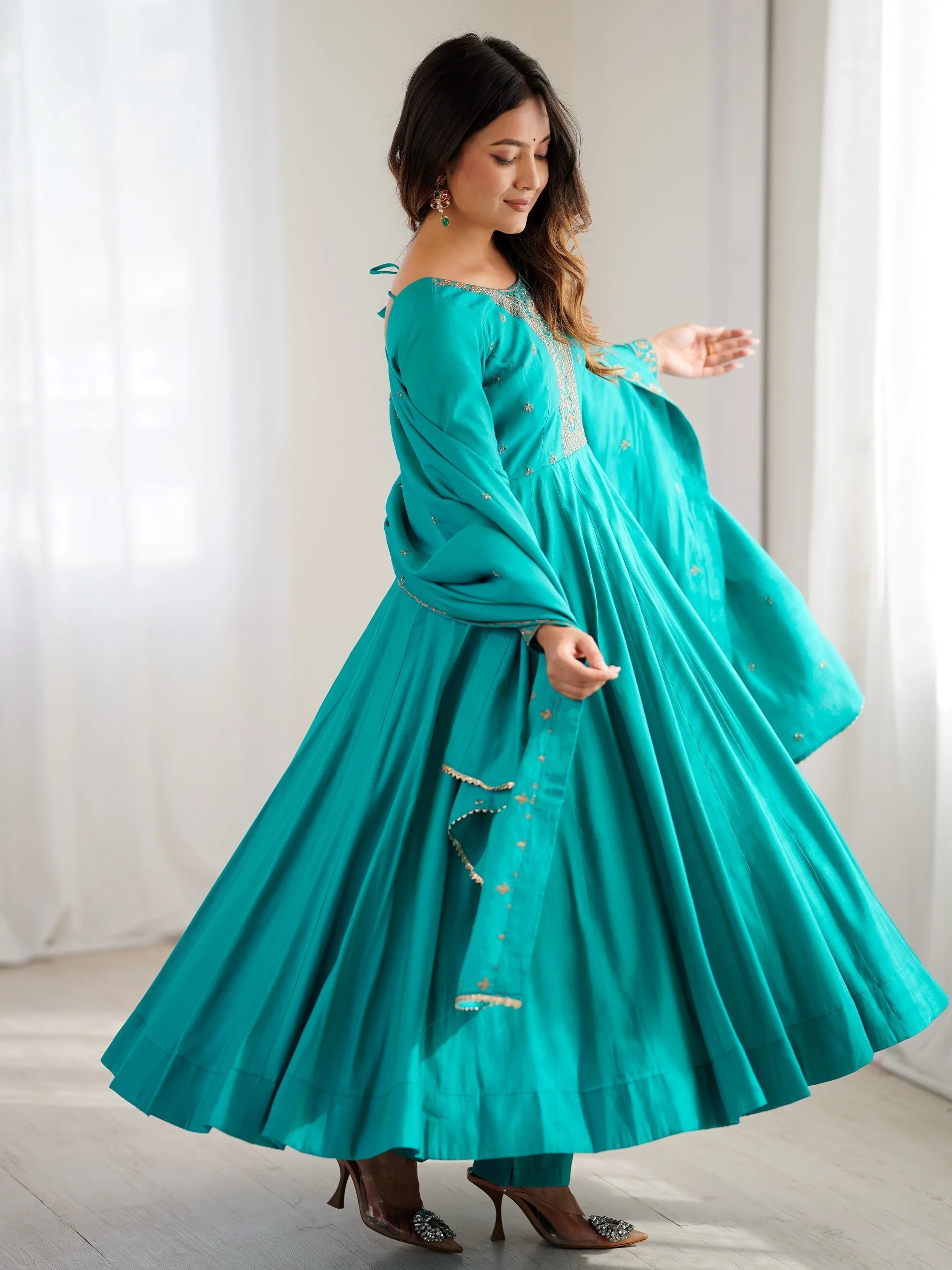 Sparkling Blue Beads Work Silk Festive Wear Salwar Kameez for Women
