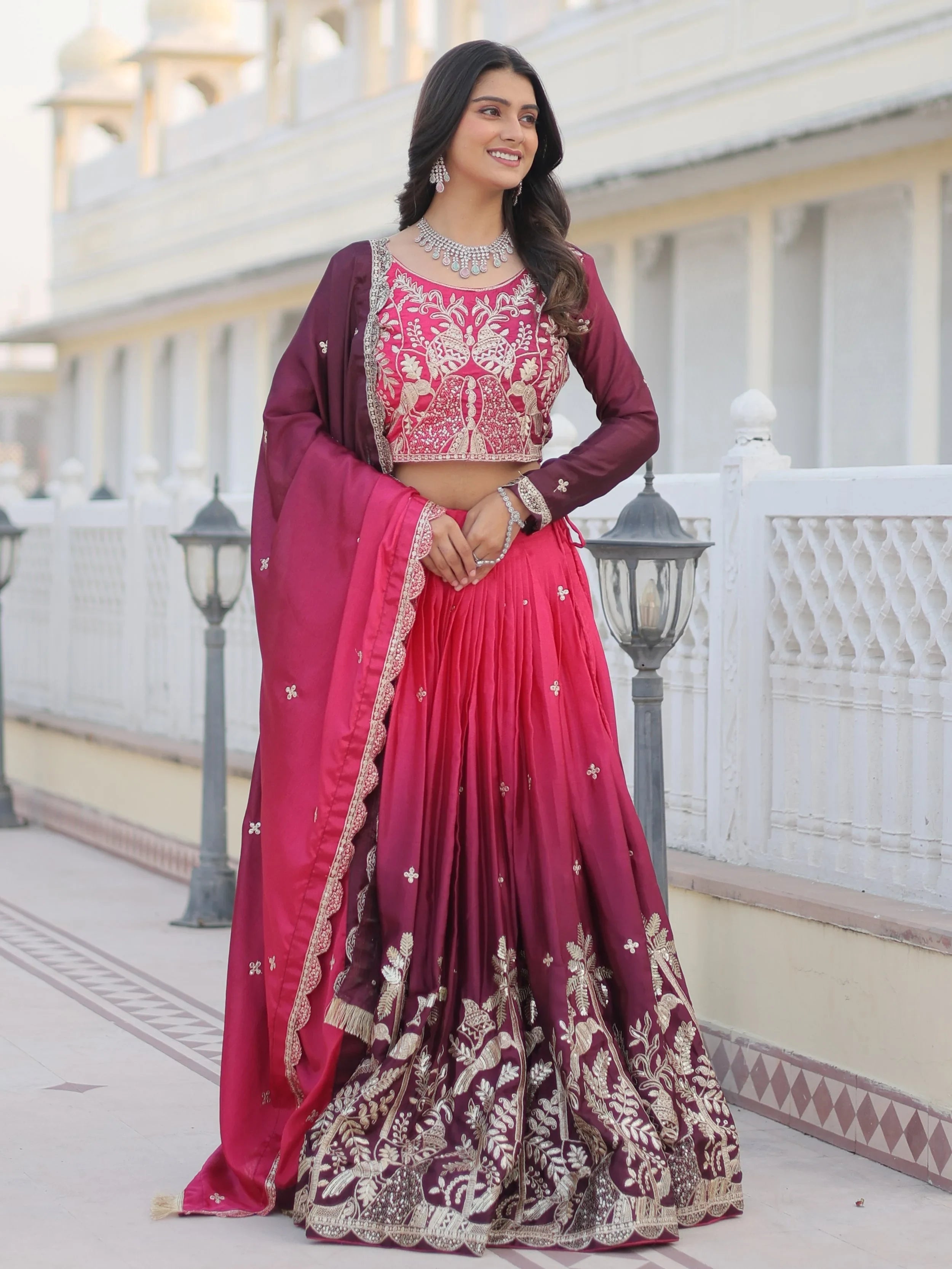 Intricate Pink Sequins Embroidered Wedding Wear Ombre Lehenga Choli for Women