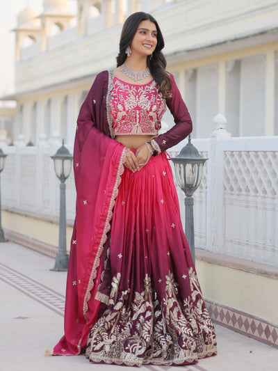 Intricate Pink Sequins Embroidered Wedding Wear Ombre Lehenga Choli for Women