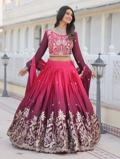 Intricate Pink Sequins Embroidered Wedding Wear Ombre Lehenga Choli for Women