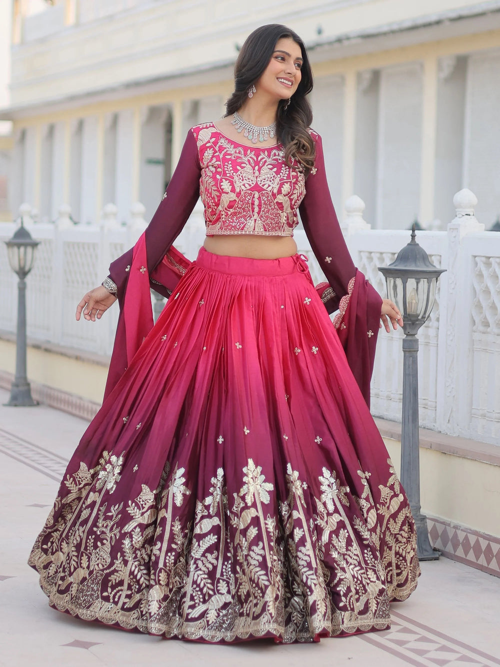 Intricate Pink Sequins Embroidered Wedding Wear Ombre Lehenga Choli for Women