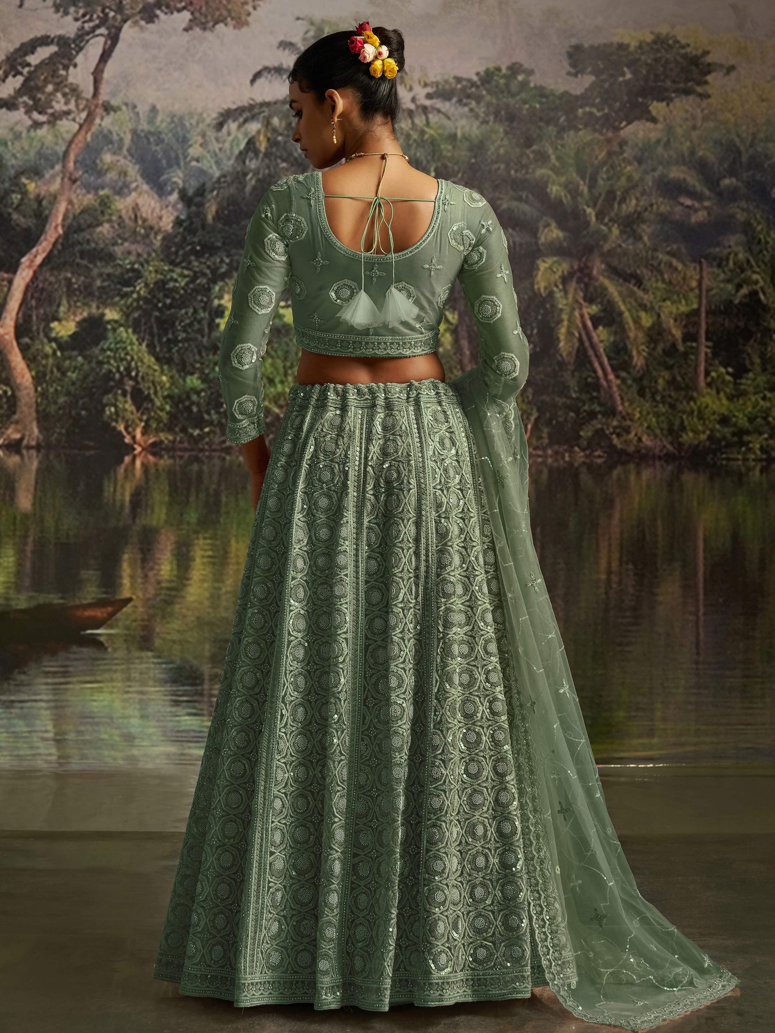 Green Net Zarkan Work Reception Wear Lehenga Choli for Women