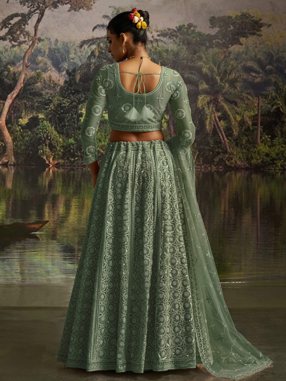 Green Net Zarkan Work Reception Wear Lehenga Choli for Women