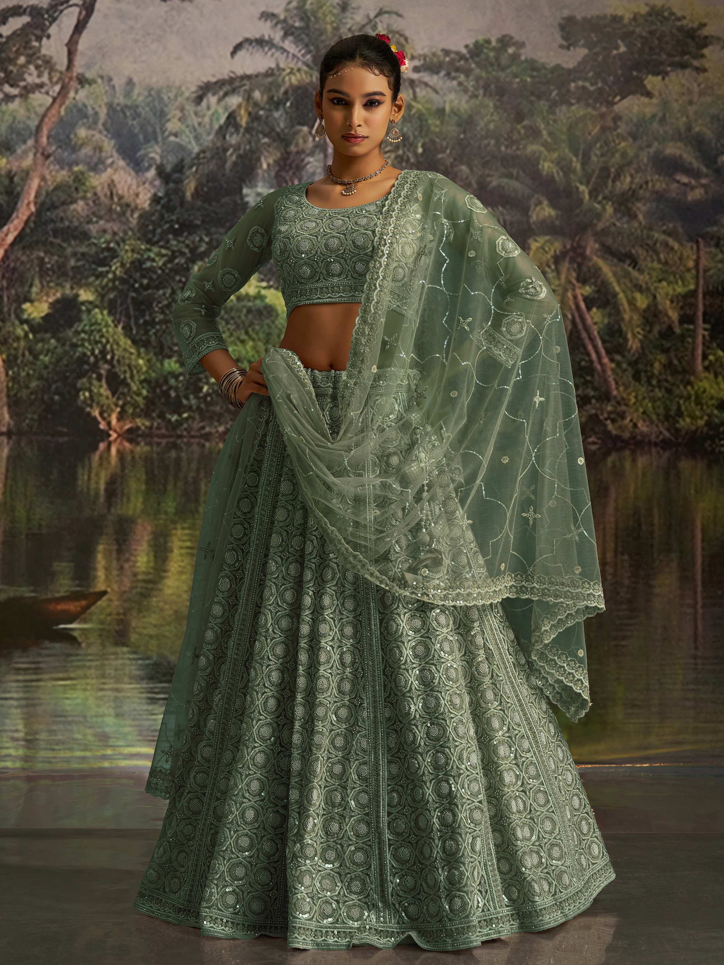 Green Net Zarkan Work Reception Wear Lehenga Choli for Women