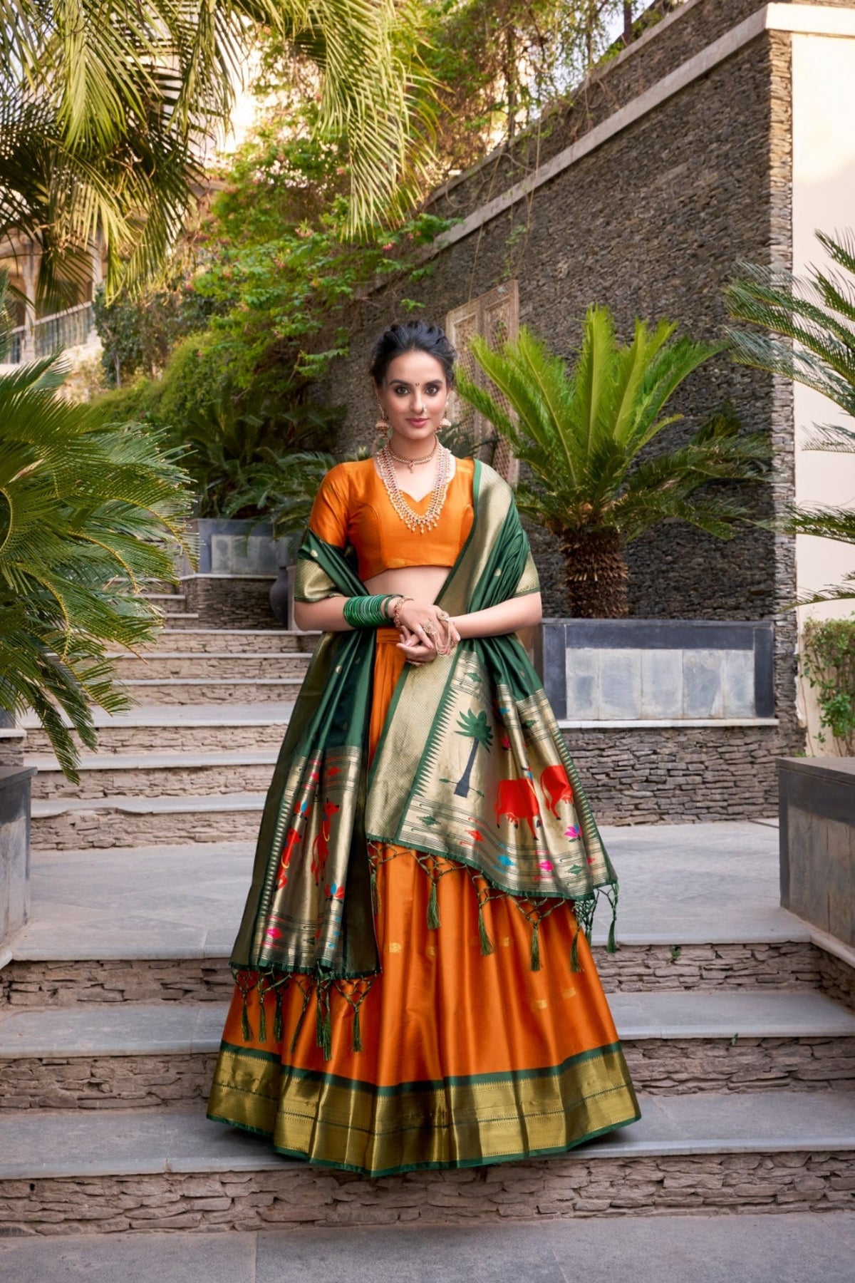 Orange Paithani Jacquard Silk Lehenga Set with Zari Weaving Work