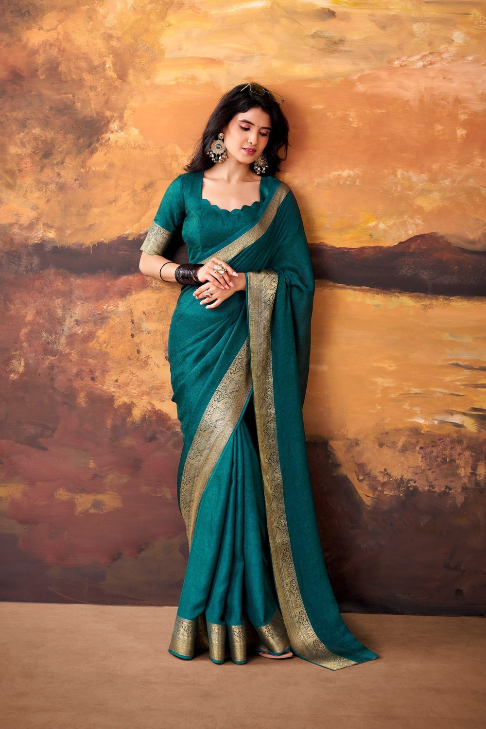 Teal Marshmallow Silk Woven Contrast Border Festive Saree for Women