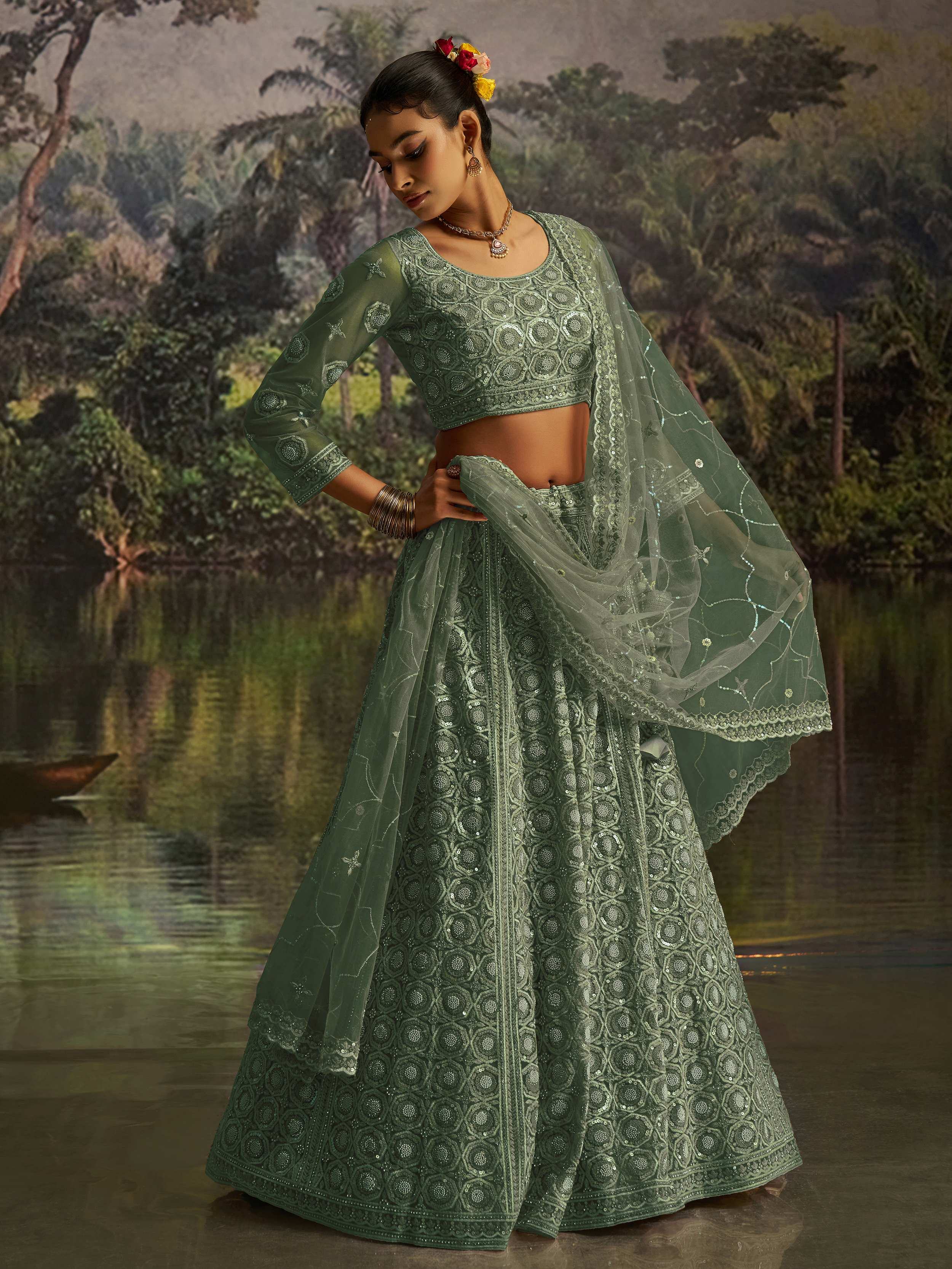 Green Net Zarkan Work Reception Wear Lehenga Choli for Women