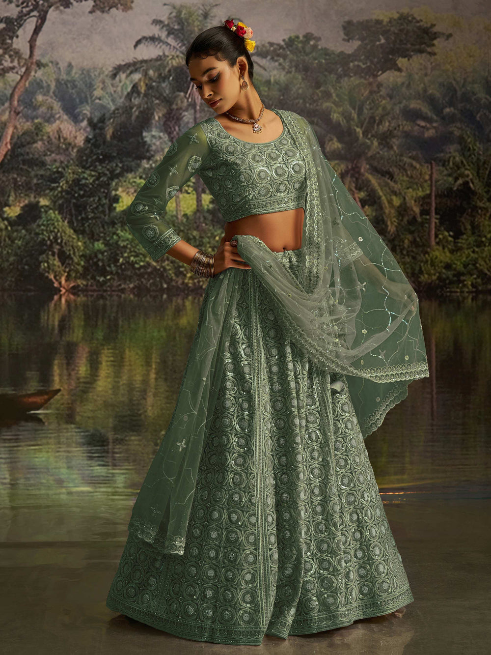 Green Net Zarkan Work Reception Wear Lehenga Choli for Women