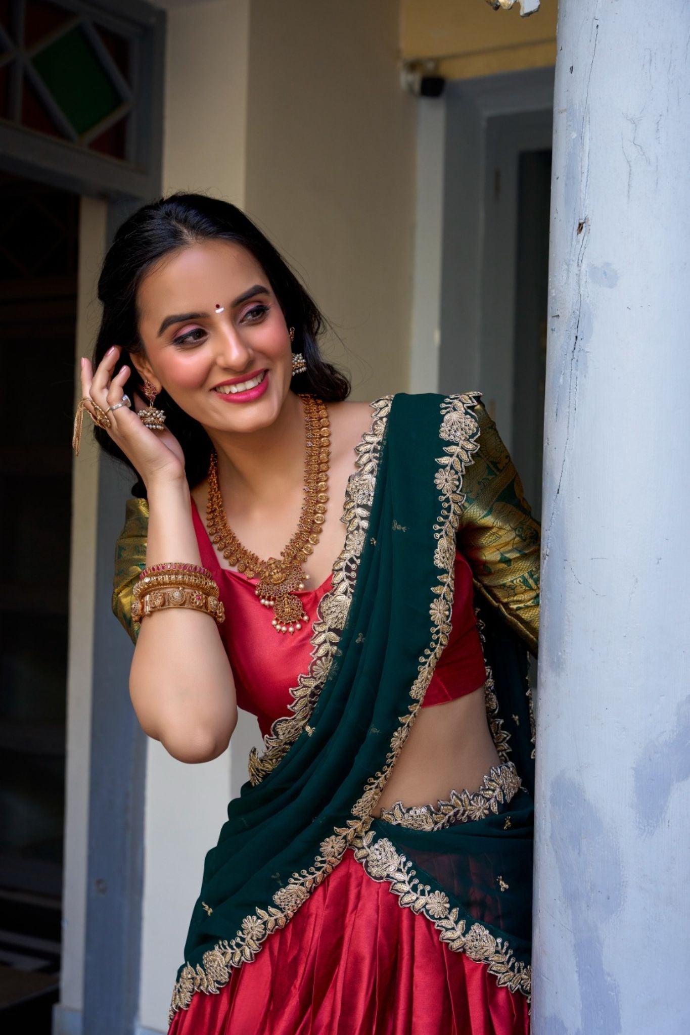 Red Tarika Narayan Pattu South Indian Lehenga Set