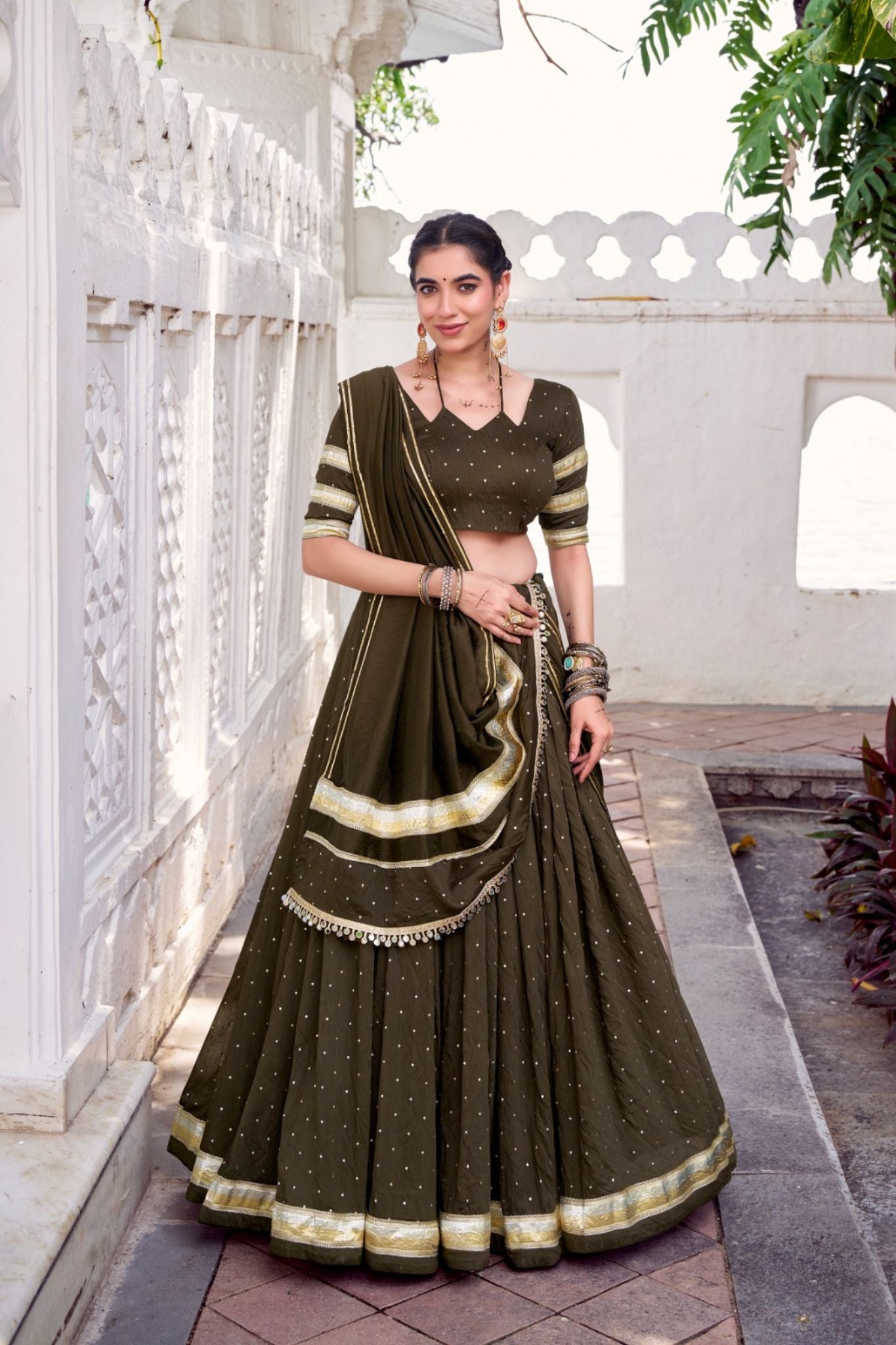Mehndi Pure Chanderi Zari Weaving Lehenga Choli Set For Festive And Wedding Special