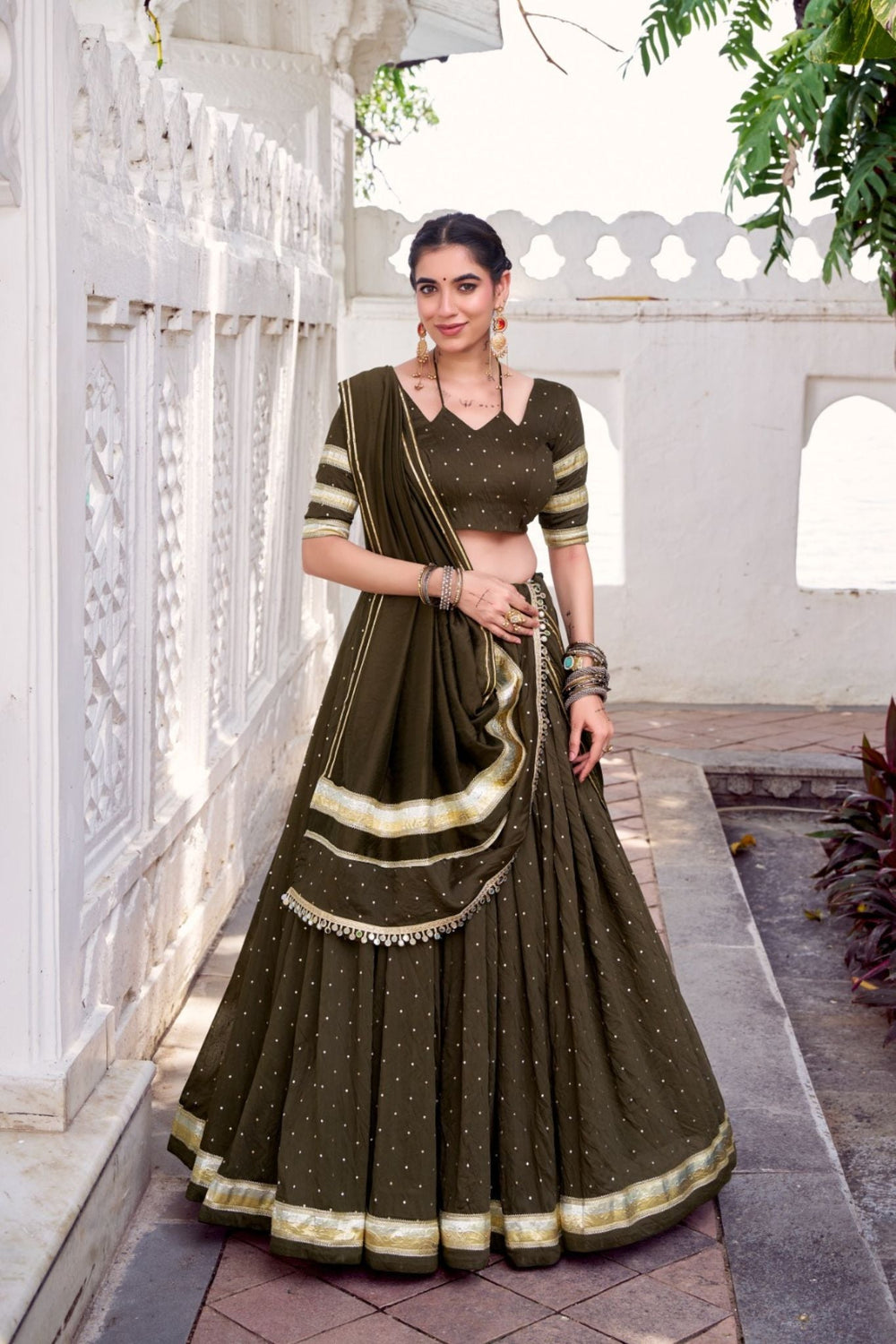 Mehndi Pure Chanderi Zari Weaving Lehenga Choli Set For Festive And Wedding Special